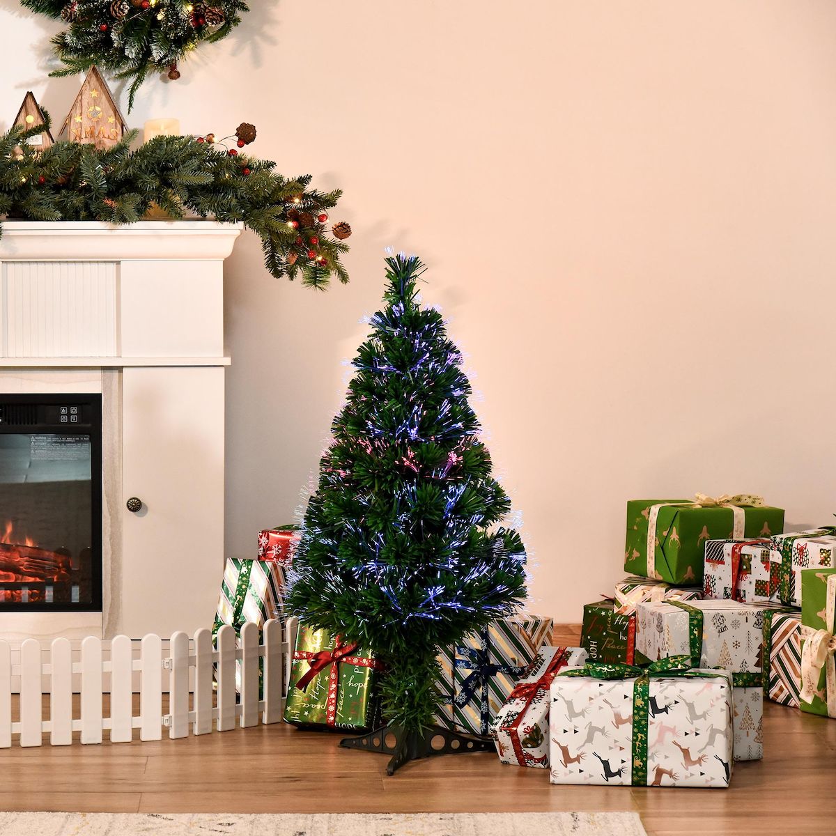 HOMCOM Sapin de Noël artificiel lumineux fibre optique multicolore + support pied Ø 48 x 90H cm 90 branches vert