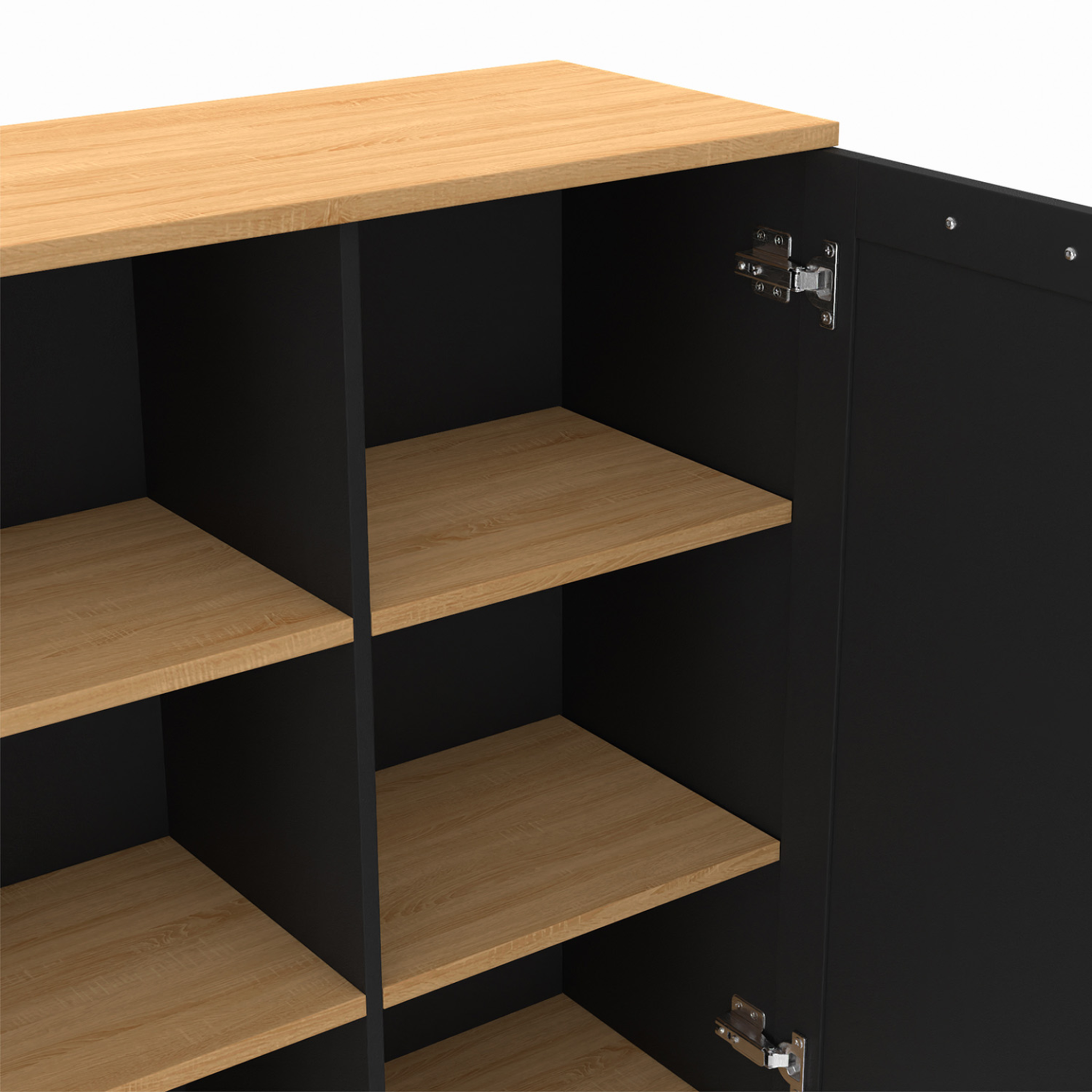 Voir la diapositive 6 : ID MARKET Buffet d'appoint 70 cm vito 3 étagères et placard noir et plateau bois