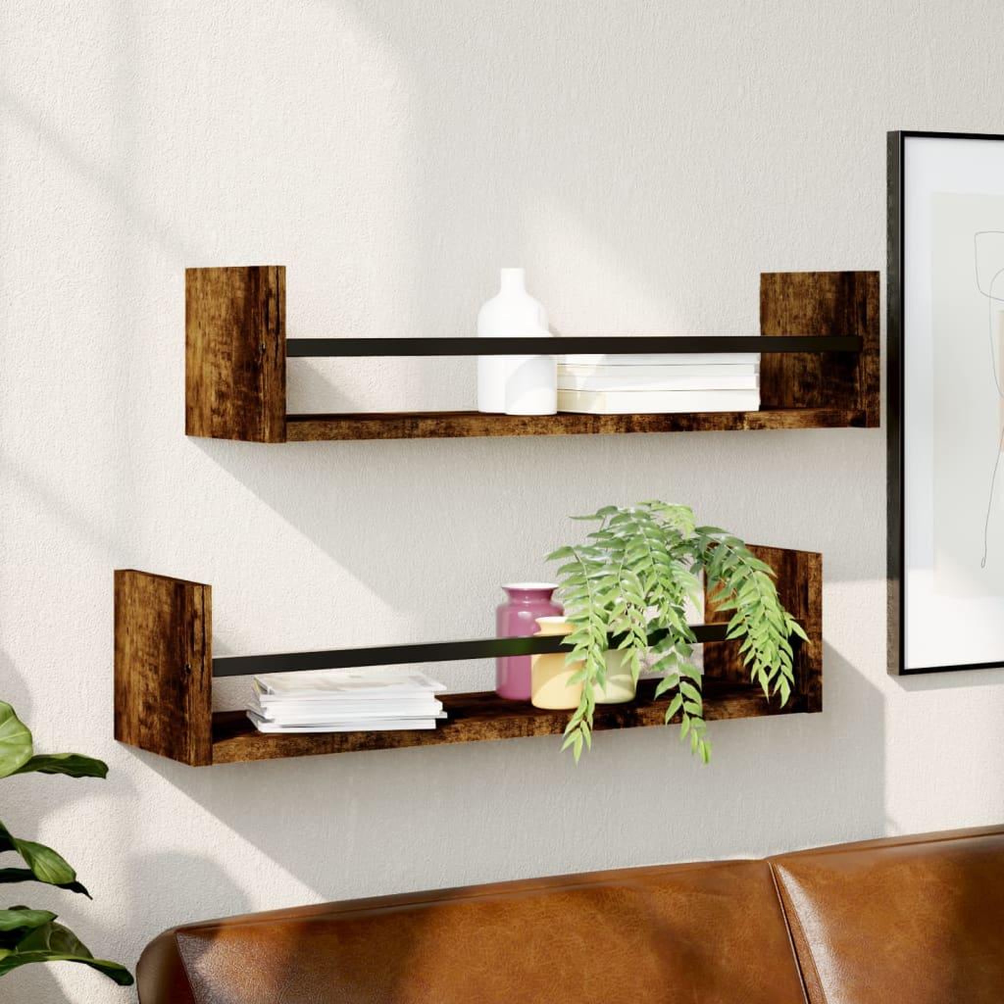 VIDAXL Etageres murales avec barres 2 pcs chene fume 60x16x14 cm