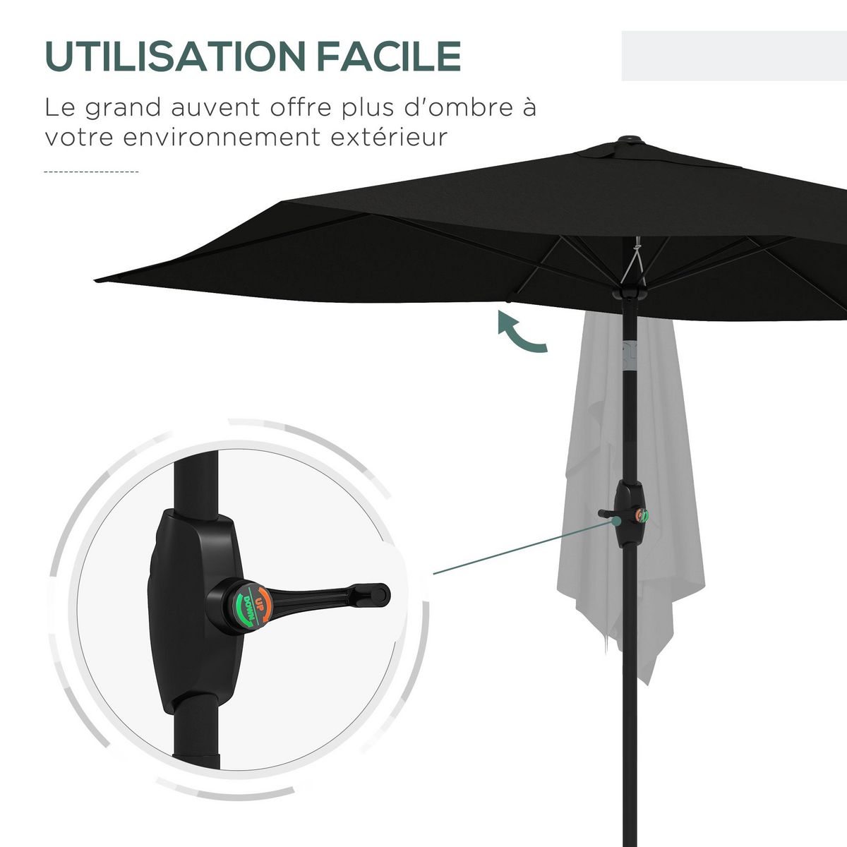 OUTSUNNY Parasol rectangulaire inclinable de jardin avec manivelle métal polyester haute densité anti UV 50+ noir