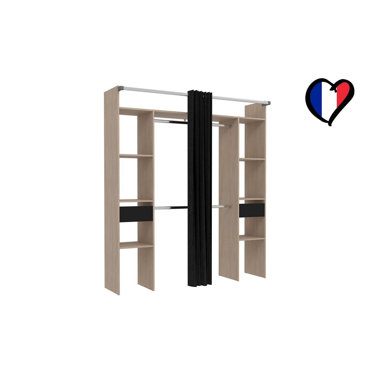 CONCEPT USINE Dressing bois avec rideau noir et 2 penderies, 6 étagères et 2 tiroirs ELYSEE