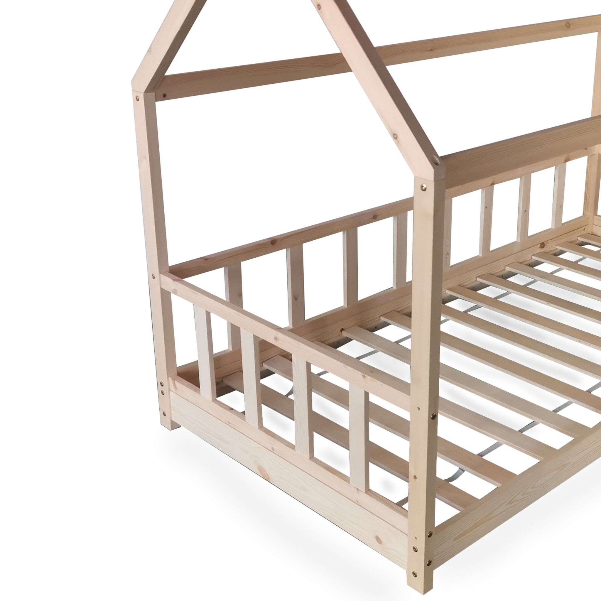 Lit cabane 90 x 190 cm + sommier + barrière TIKI