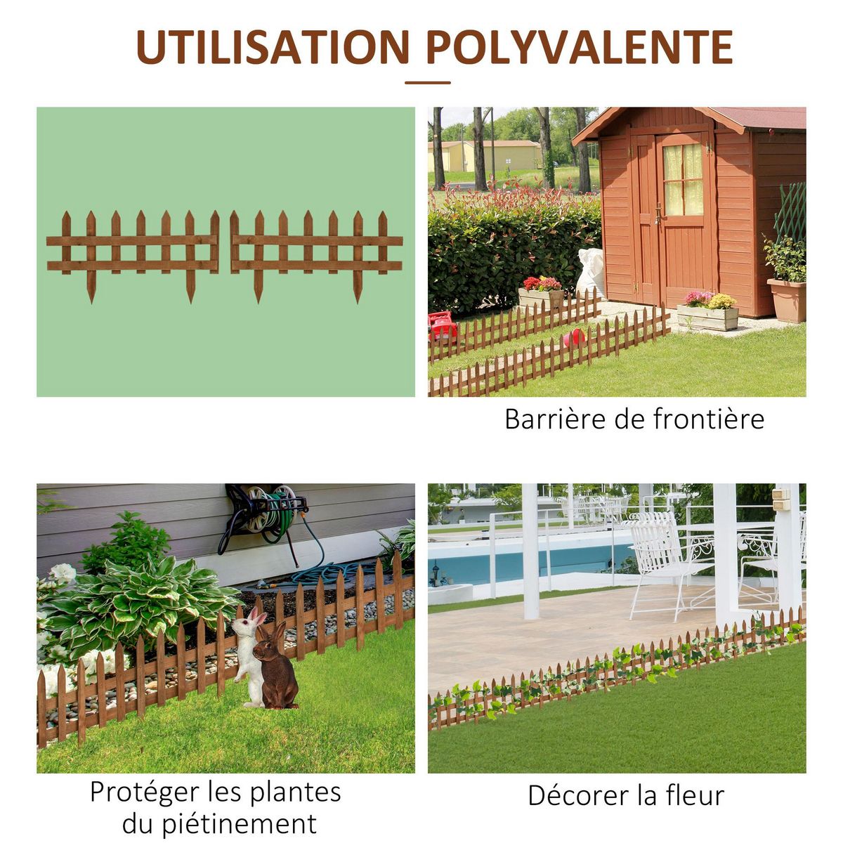OUTSUNNY Bordures à planter 12 pcs - bordures de pelouse - barrières de jardin en bois de sapin pré-huilé - bordure dim. 60L x 34H cm