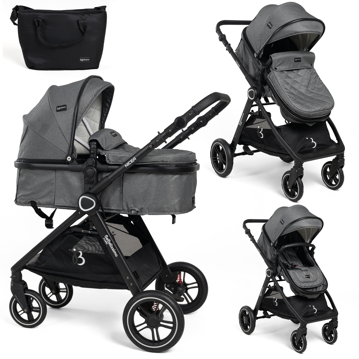 BEBELISSIMO Bebelissimo - Poussette transformable - combinée - convertible - 2 en 1 -poids 0-22kg - Nicea - gris
