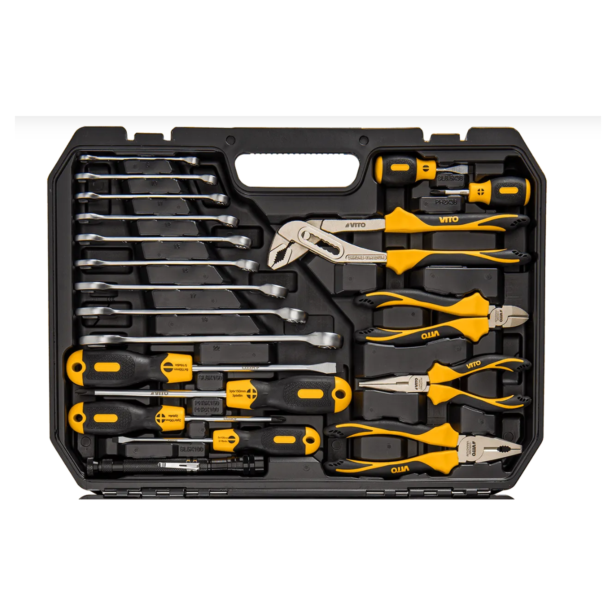 Voir la diapositive 3 : VITO Malette à outils 112 pièces lampe torche, tournevis, douilles, clés, pinces et embouts coffret à outils bmc vito