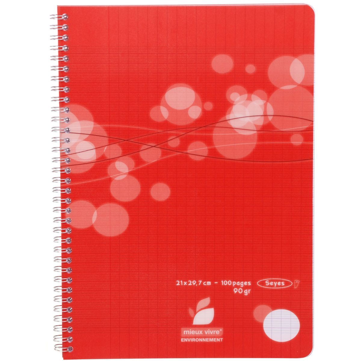 AUCHAN Cahier polypro 21x29.7 cm 100 pages grands carreaux Seyes à spirale rouge motif ronds