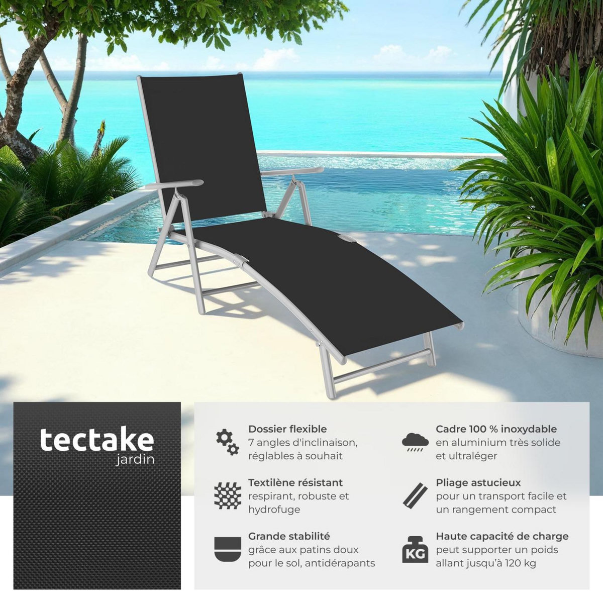 tectake Transat en acier pliable noir/gris