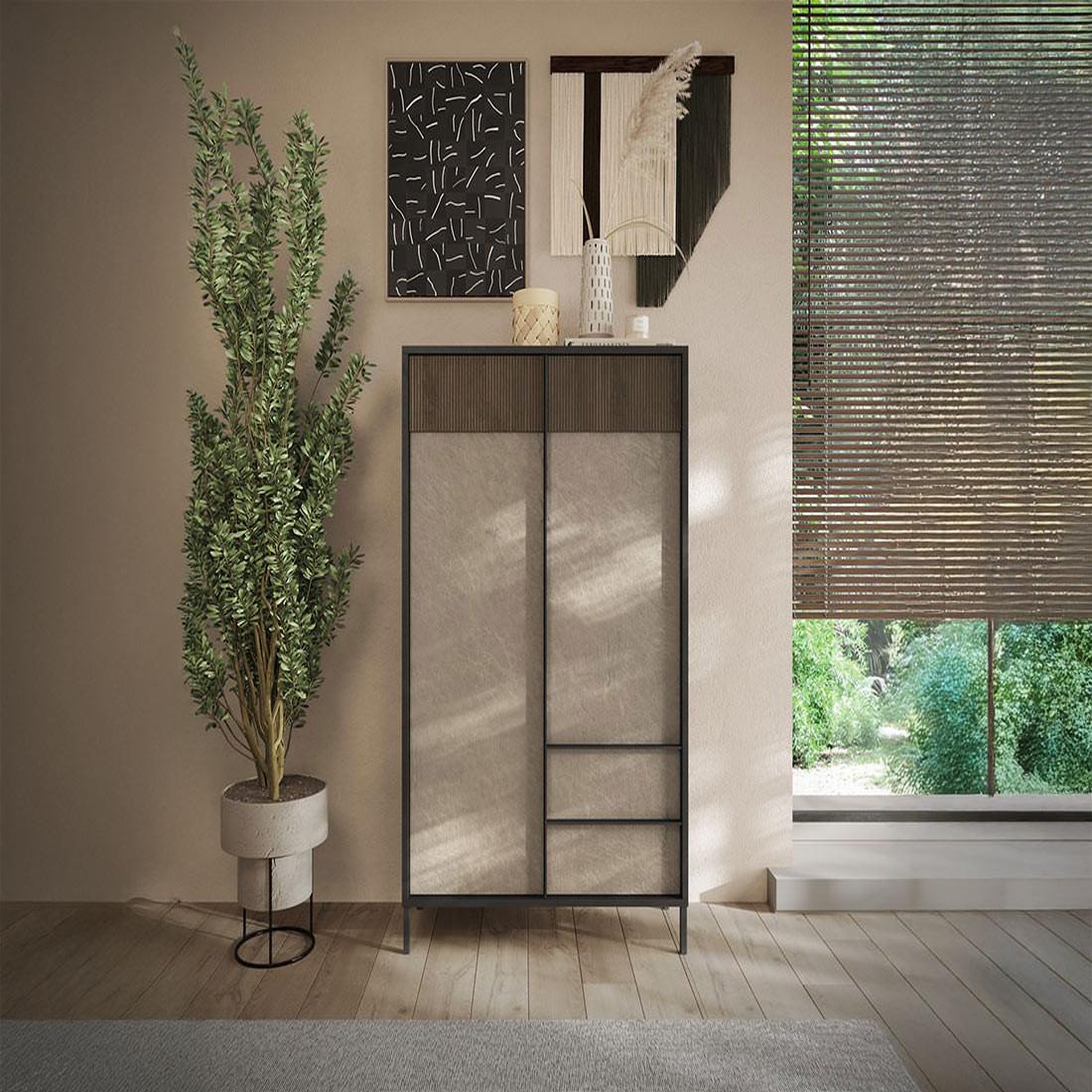 Voir la diapositive 1 : BEST MOBILIER Jules - buffet haut - 2 portes et 2 étagères - 106x177 cm