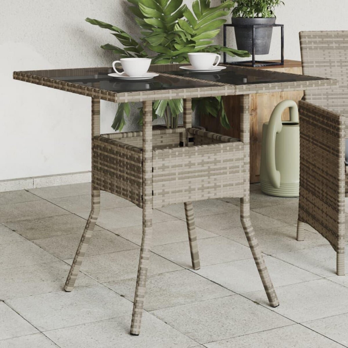 VIDAXL Table de jardin dessus en verre gris 80x80x75 cm resine tressee
