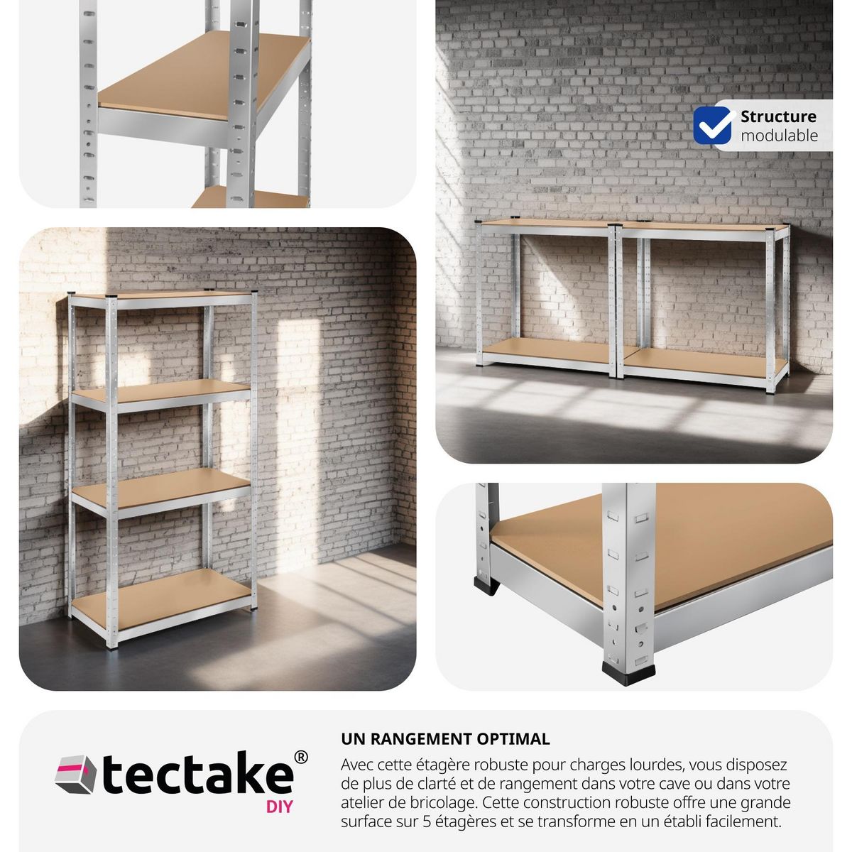 tectake Étagère pour charges lourdes structure en acier galvanisé argent 160 x 80 x 40 cm, 320 kg