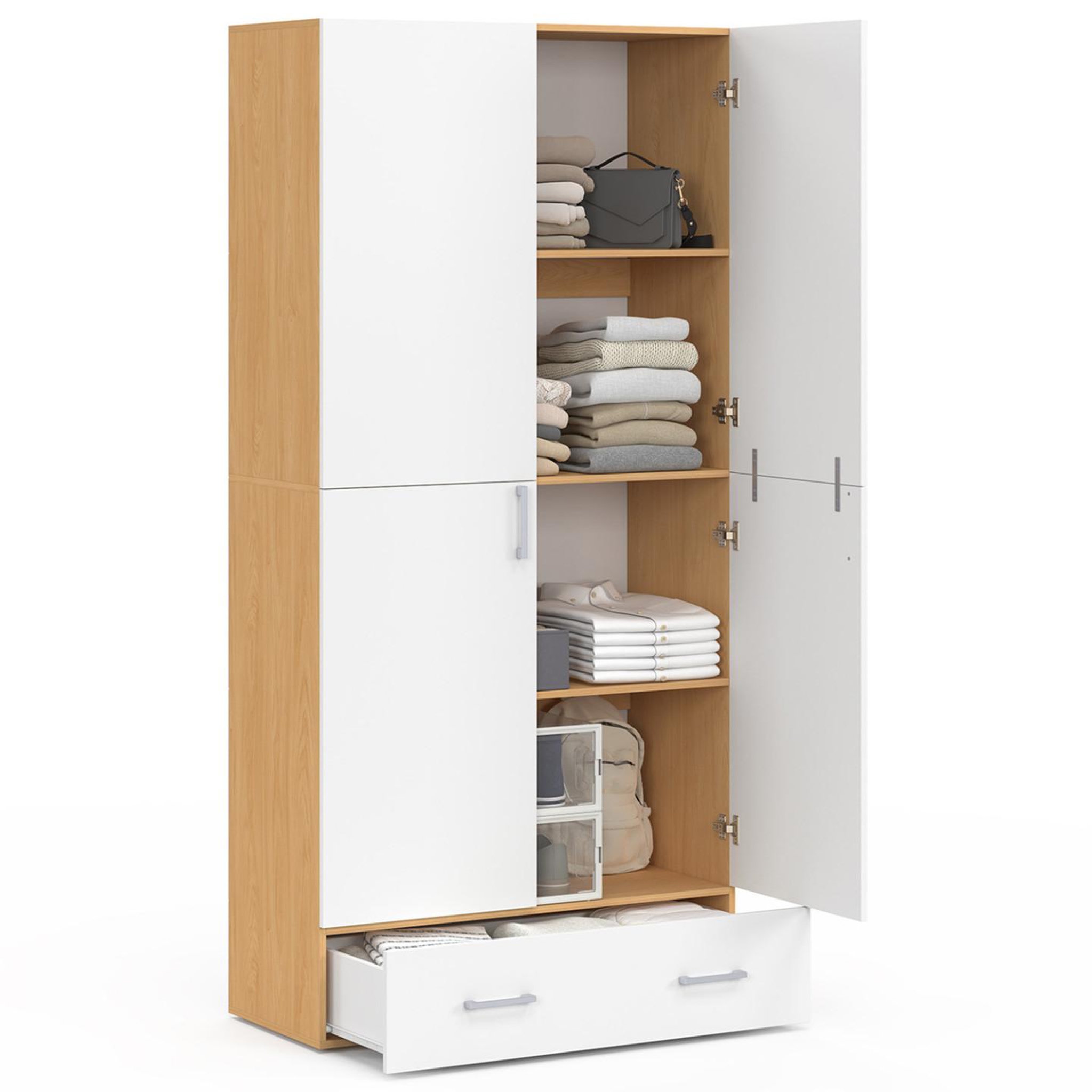 Voir la diapositive 3 : ID MARKET Armoire 2 portes juliana blanc et bois étagères 80 cm avec 1 tiroir