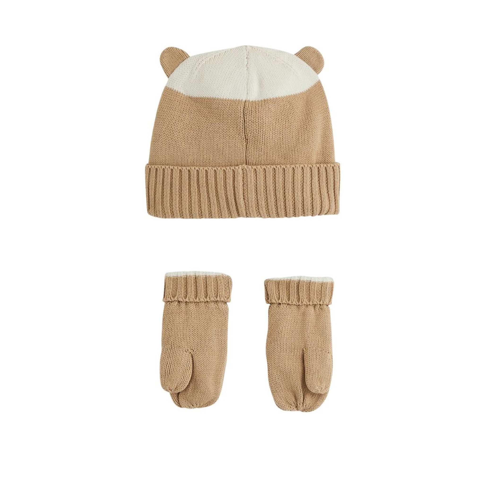 Voir la diapositive 2 : PETIT BEGUIN Bonnet bébé et moufles en tricot Moka