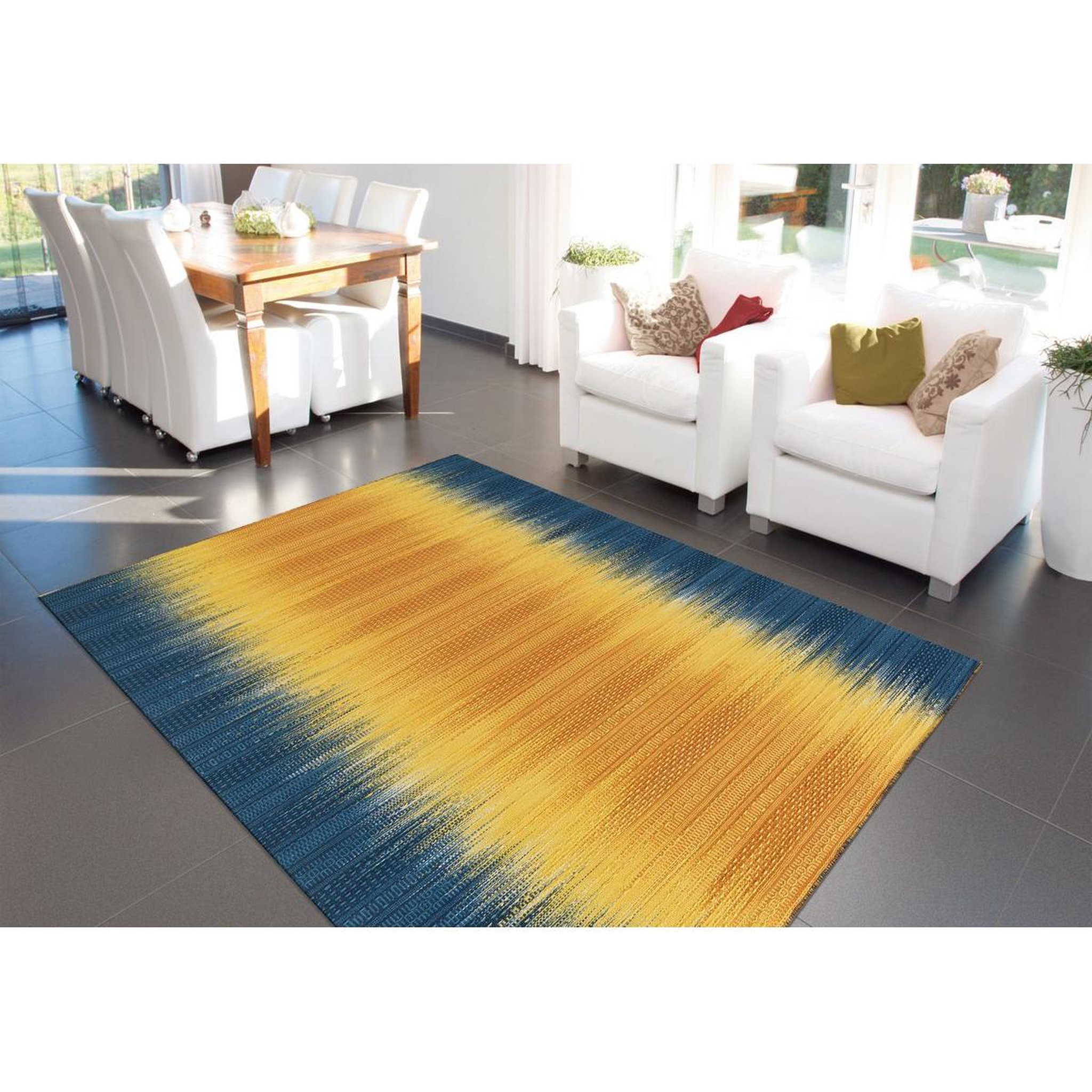 Voir la diapositive 2 : Paris Prix Tapis en laine fait main  sunset  90x160cm jaune & bleu