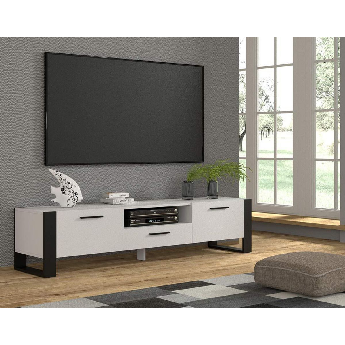 BEST MOBILIER Donnely - meuble tv - blanc et noir - 2 portes, 1 tiroir et 1 niche - 200 cm