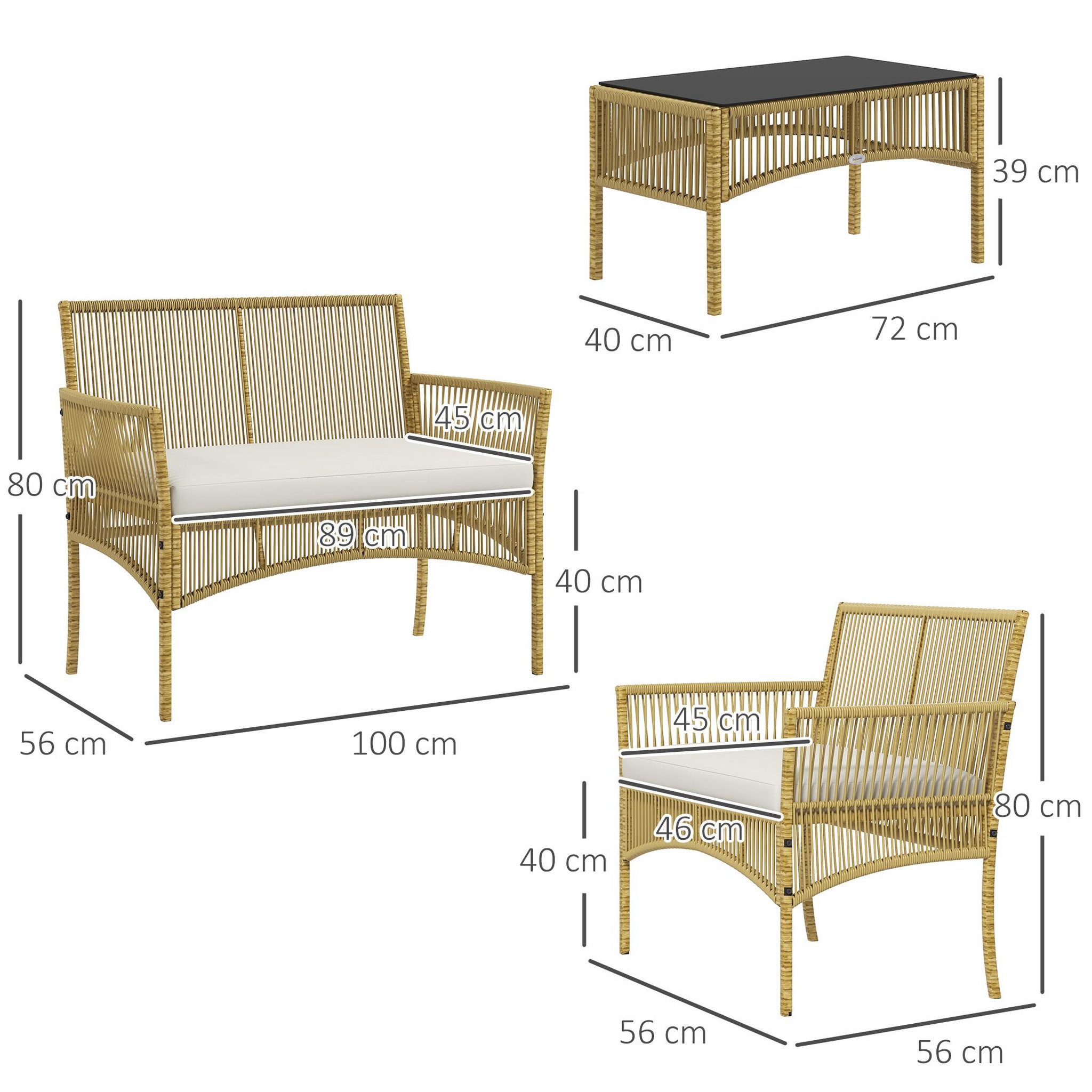 Voir la diapositive 3 : OUTSUNNY Salon de jardin 4 places 4 pièces style colonial table basse coussins inclus résine tressée filée aspect rotin beige