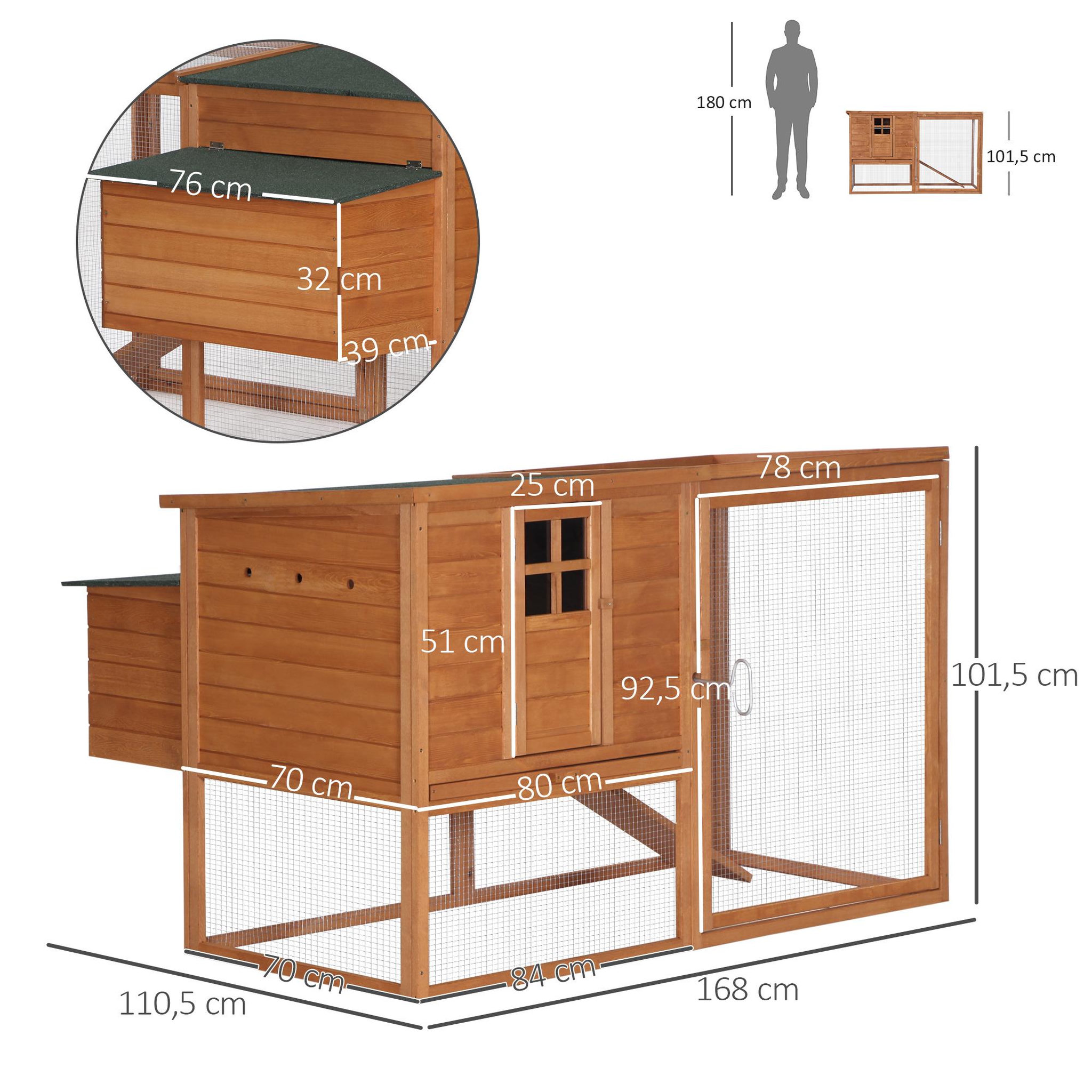 Voir la diapositive 3 : PAWHUT Poulailler cottage cage à poules sur pied dim. 168L x 110l x 101H cm multi-équipement bois sapin lasuré