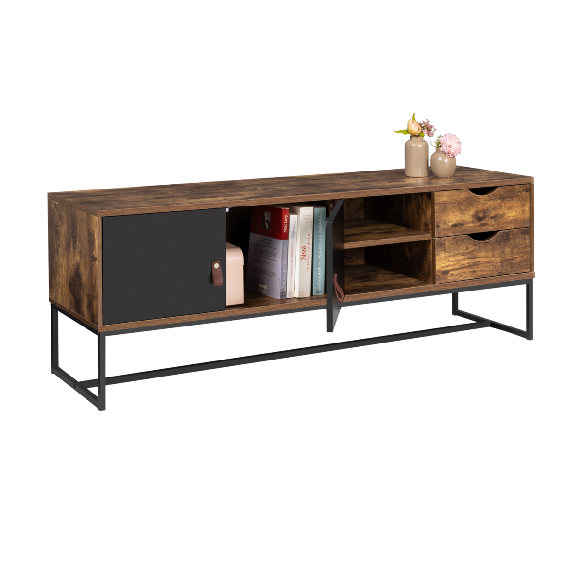 ID MARKET Meuble TV 140 cm CHICAGO 2 portes et tiroirs design industriel