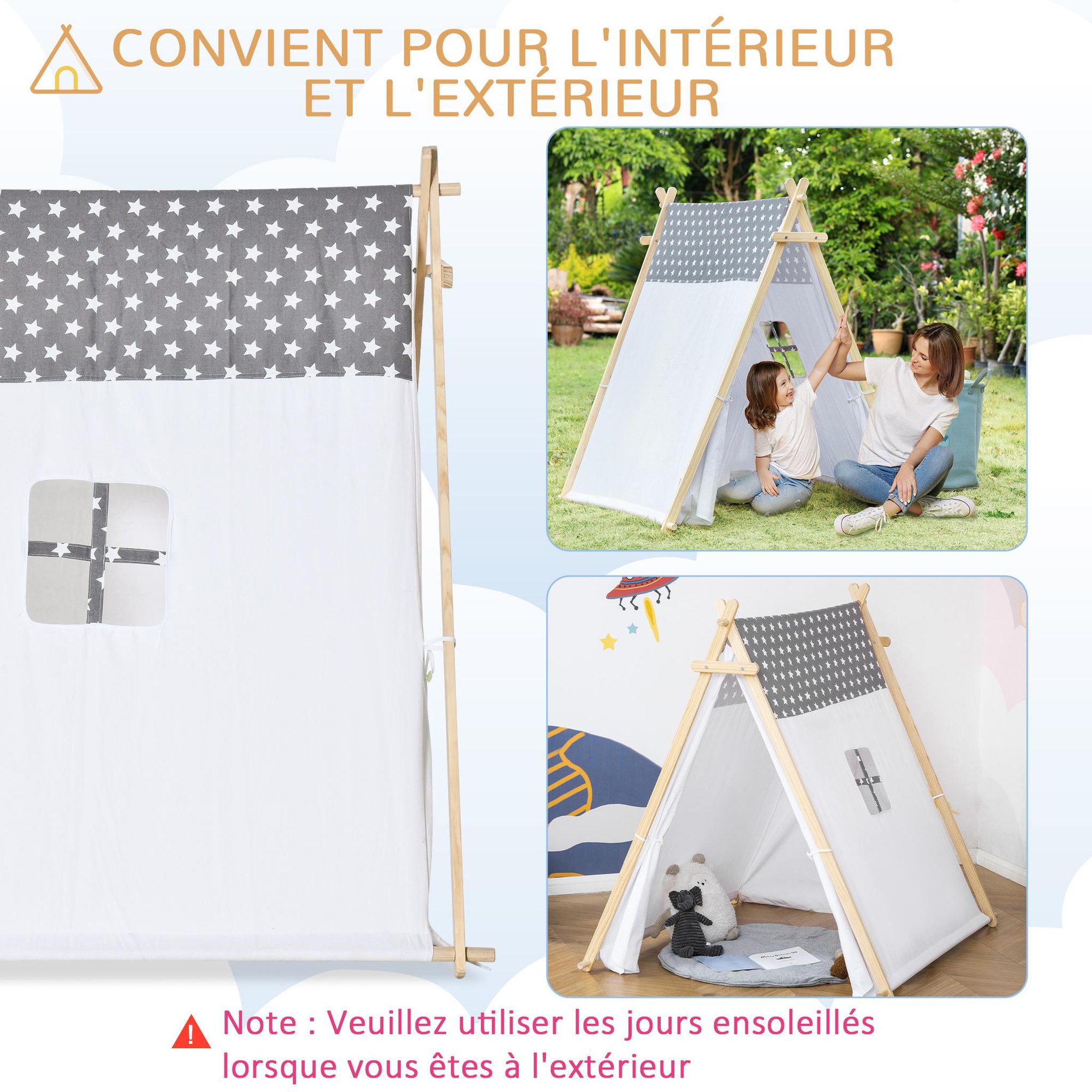 Voir la diapositive 6 : HOMCOM Tente teepee indien enfant motif étoiles - dim. 1,3L x 1,11I x 1,36H m - 2 portes refermables, fenêtre - structure bois, toile polyester coton gris blanc