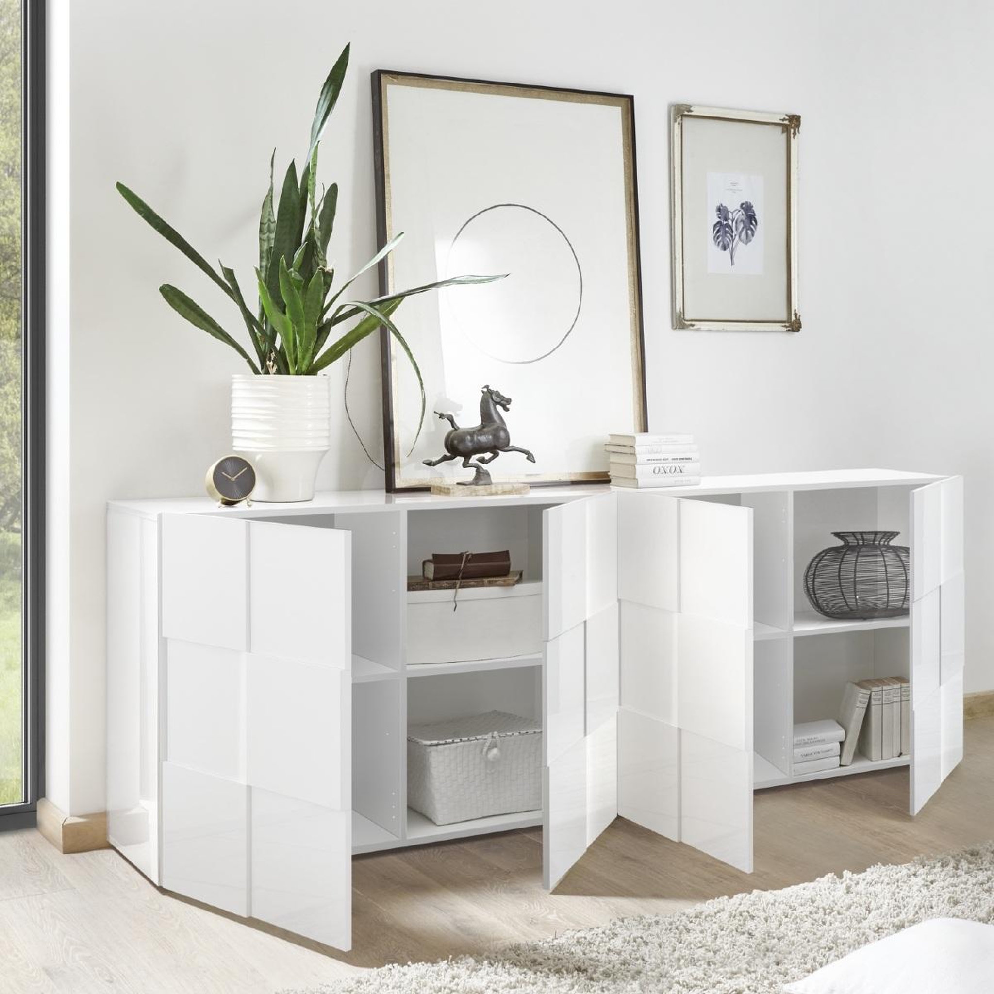 Voir la diapositive 3 : JLC KREATION Buffet bas design laqué blanc 4 portes 240cm mado