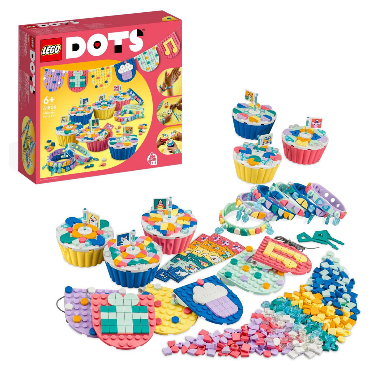 LEGO DOTS 41806 Le kit de fête ultime, eux Anniversaire, Cadeau pour Sachets de Fête, avec Cupcakes, Jouets Bracelets et Guirlandes, Décoration