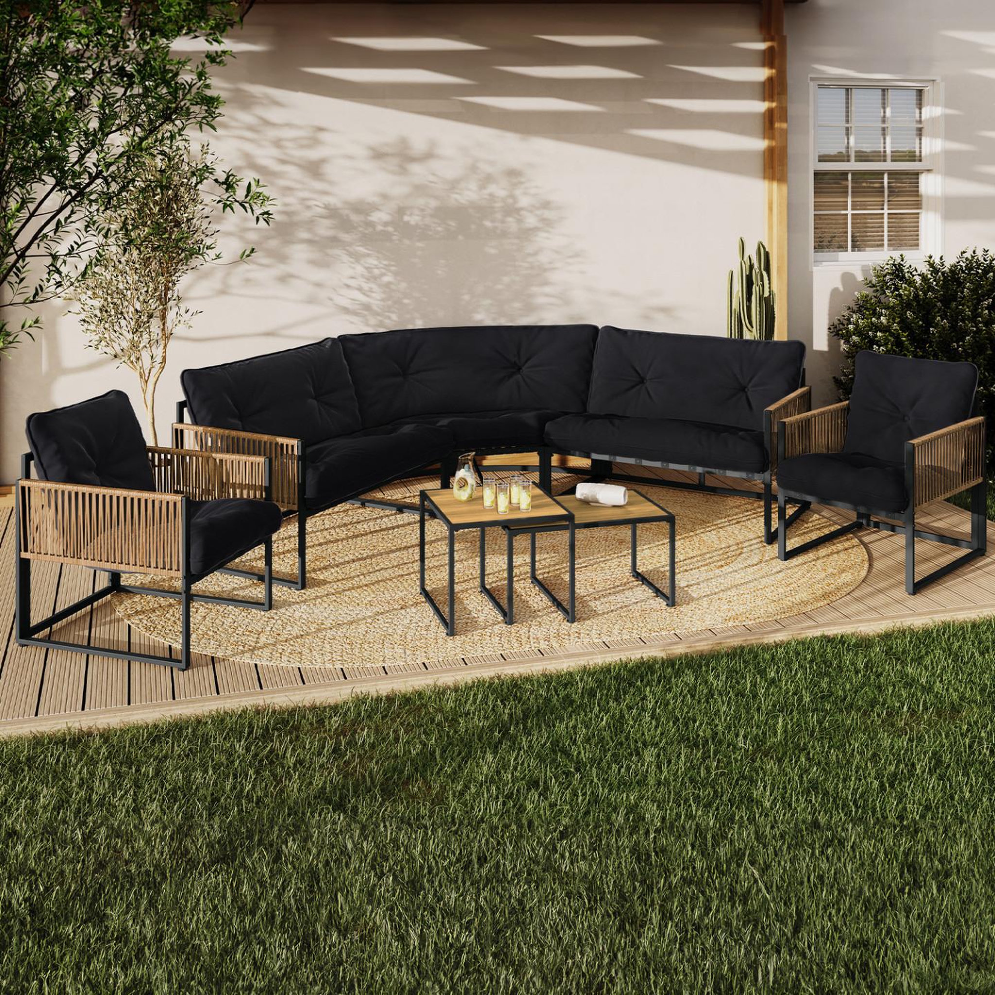 Voir la diapositive 2 : ID MARKET Salon de jardin bas rio 8 places salon d'angle structure métal et cordage effet rotin clair et coussins noir