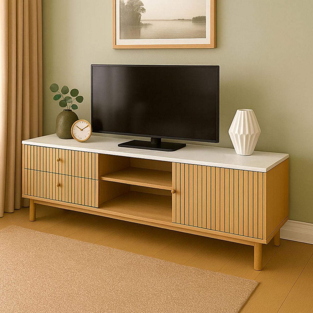 CONCEPT USINE Meuble TV aspect bois rainuré et blanc avec tiroirs et placard 150cm TRIX