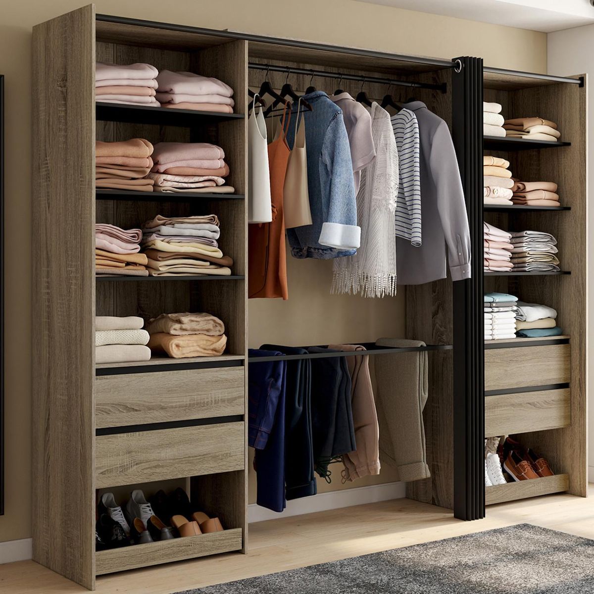 ID MARKET Dressing double XXL MERYL 220 cm hêtre avec porte pantalons + étagères + tiroirs + rangements à chaussures et noir