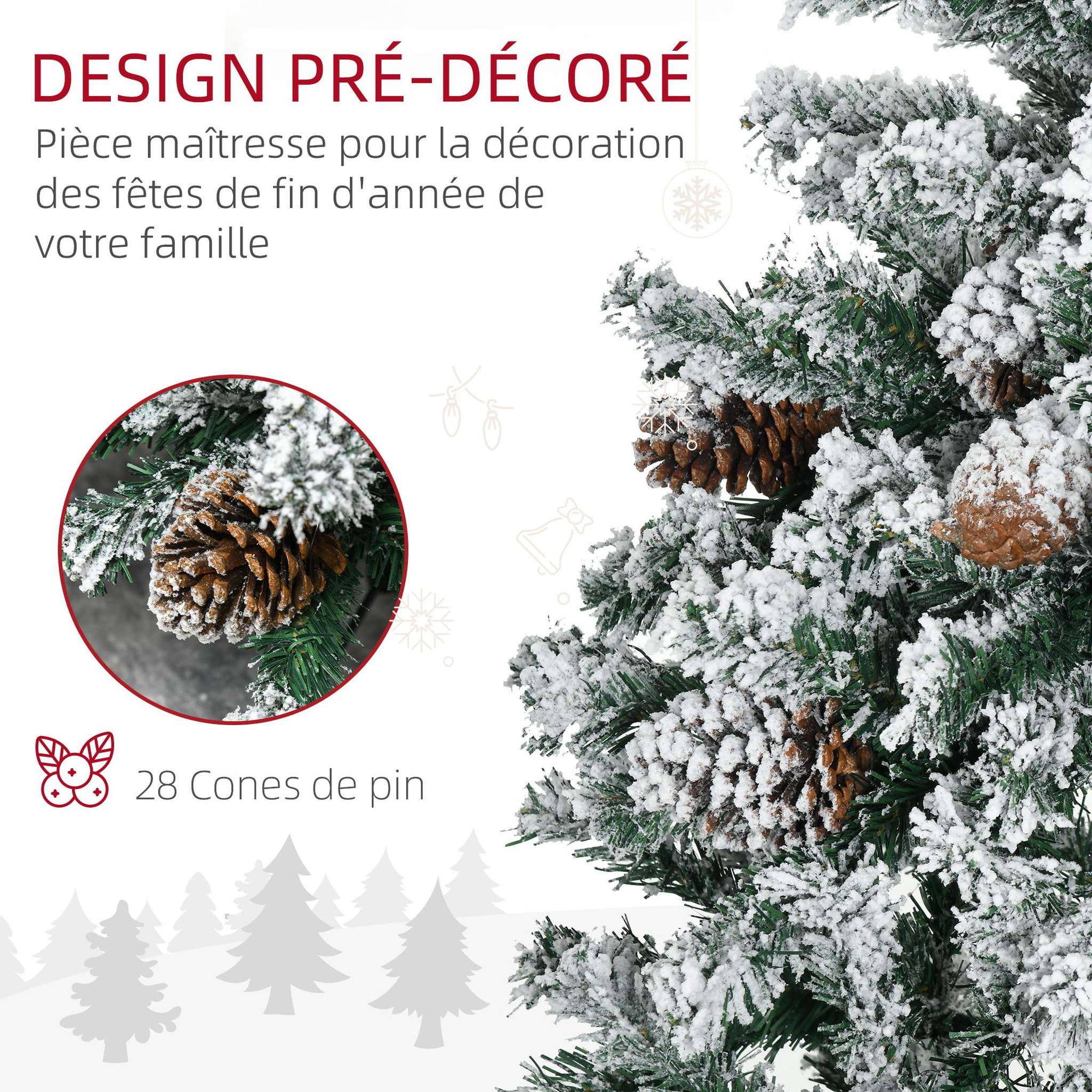 Voir la diapositive 6 : HOMCOM Sapin de Noël artificiel avec 28 pommes de pin arbre de Noël 269 branches enneigées support en acier socle pliable hauteur 120 cm vert