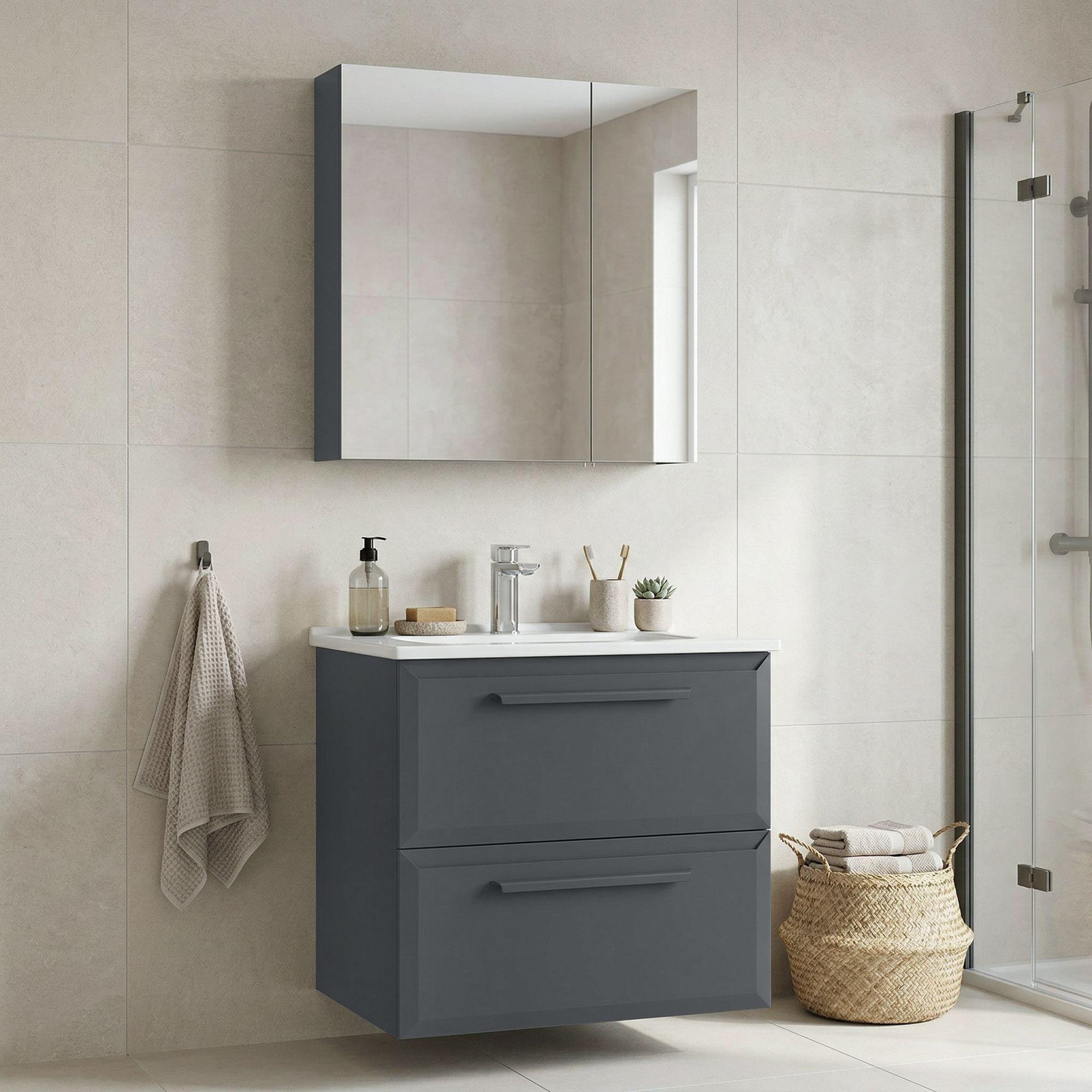Voir la diapositive 2 : Habitat et Jardin Meuble avec simple vasque et miroir  Nuvola 65 v2  - 65 x 50 x 62 cm - Anthracite