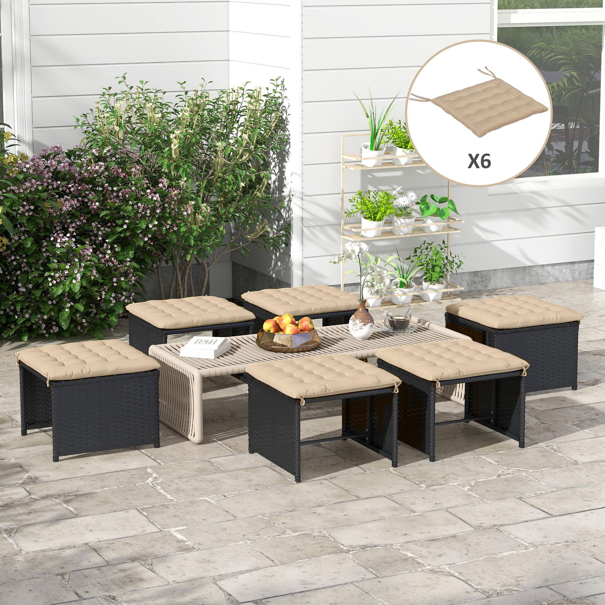 Voir la diapositive 2 : OUTSUNNY Lot de 6 coussins de chaises de jardin avec attaches kaki