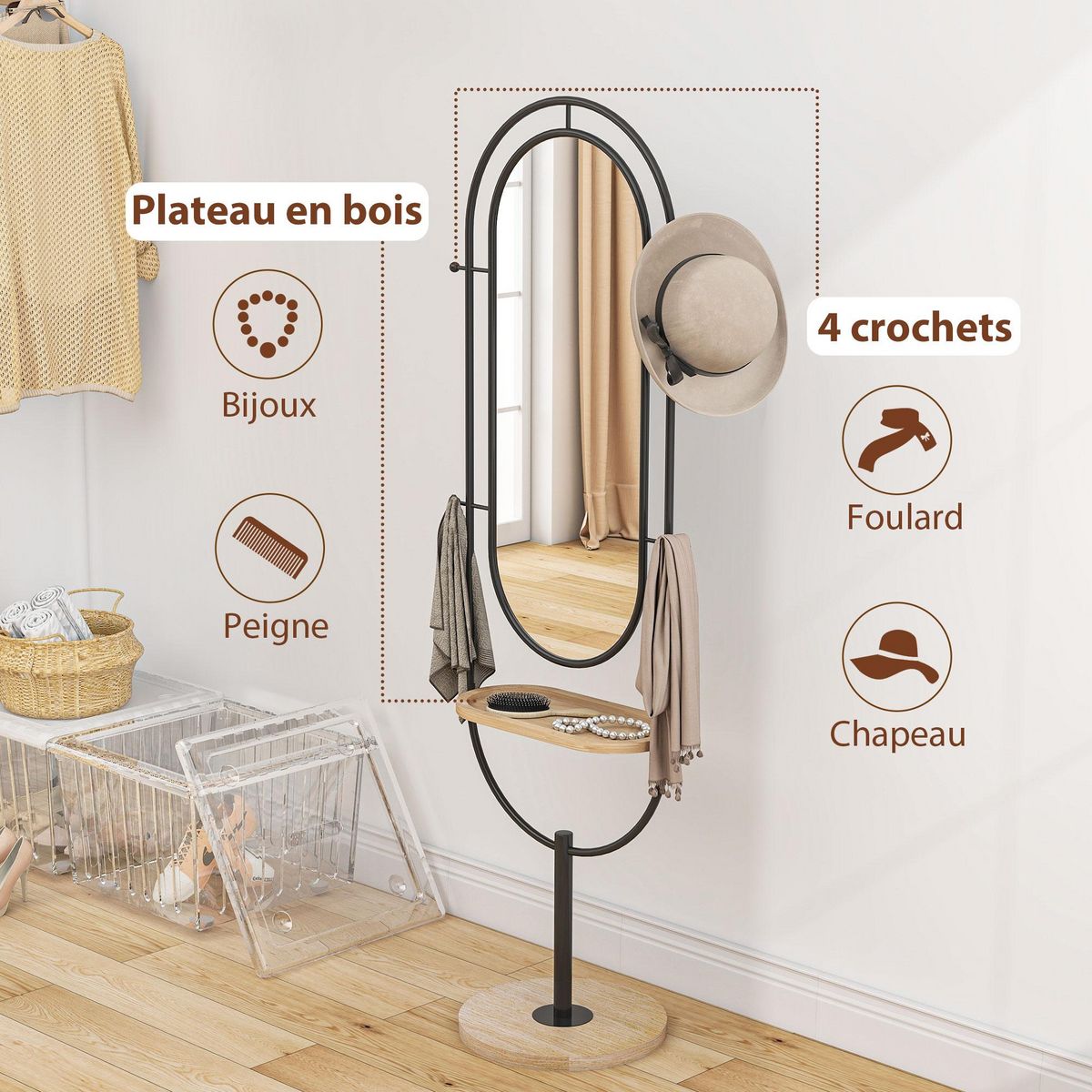 HOMCOM Miroir étagère design H.175 cm - miroir sur pied - tablette, 4 patères - métal noir bois hévéa verni naturel