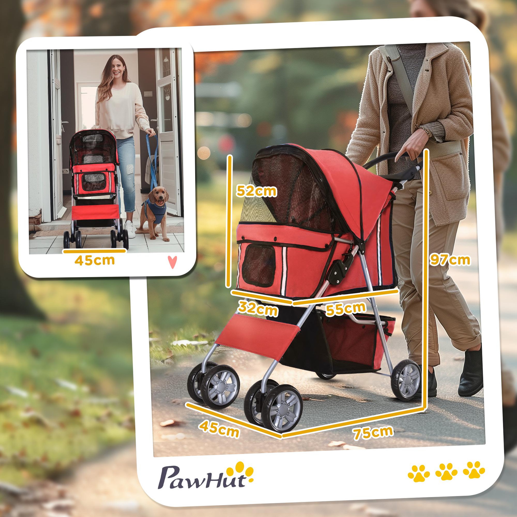 Voir la diapositive 3 : PAWHUT Poussette buggy pliable animaux chariot pliant chien chat porte-gobelet panier de rangement inclus roues avec frein tissu 600d oxford métal rouge