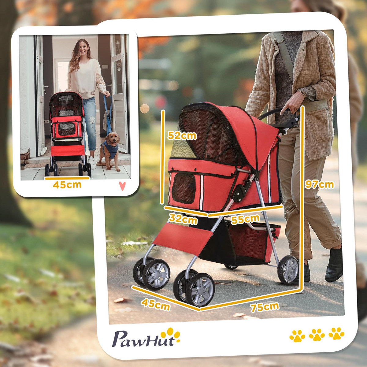 PAWHUT Poussette buggy pliable animaux chariot pliant chien chat porte-gobelet panier de rangement inclus roues avec frein tissu 600D Oxford métal rouge