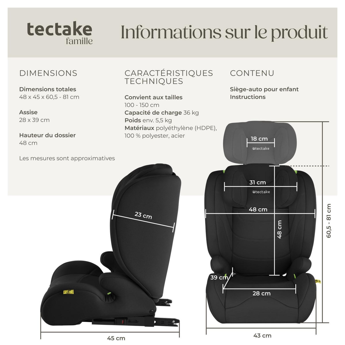 tectake Siège auto norme i-size et base isofix avec protection contre les chocs latéraux noir