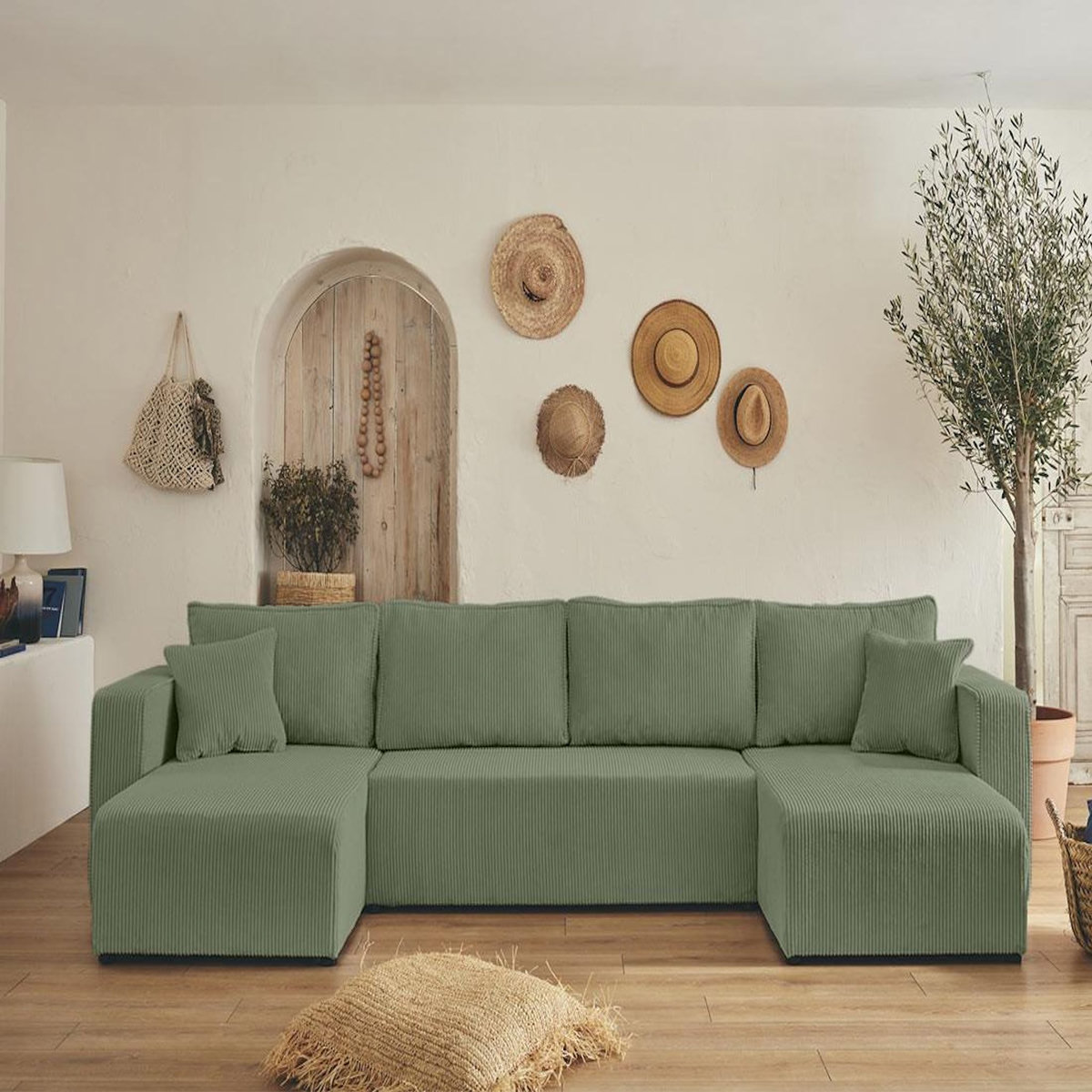 BEST MOBILIER Topaze - canapé panoramique en u - 7 places - convertible avec coffre - en velours côtelé