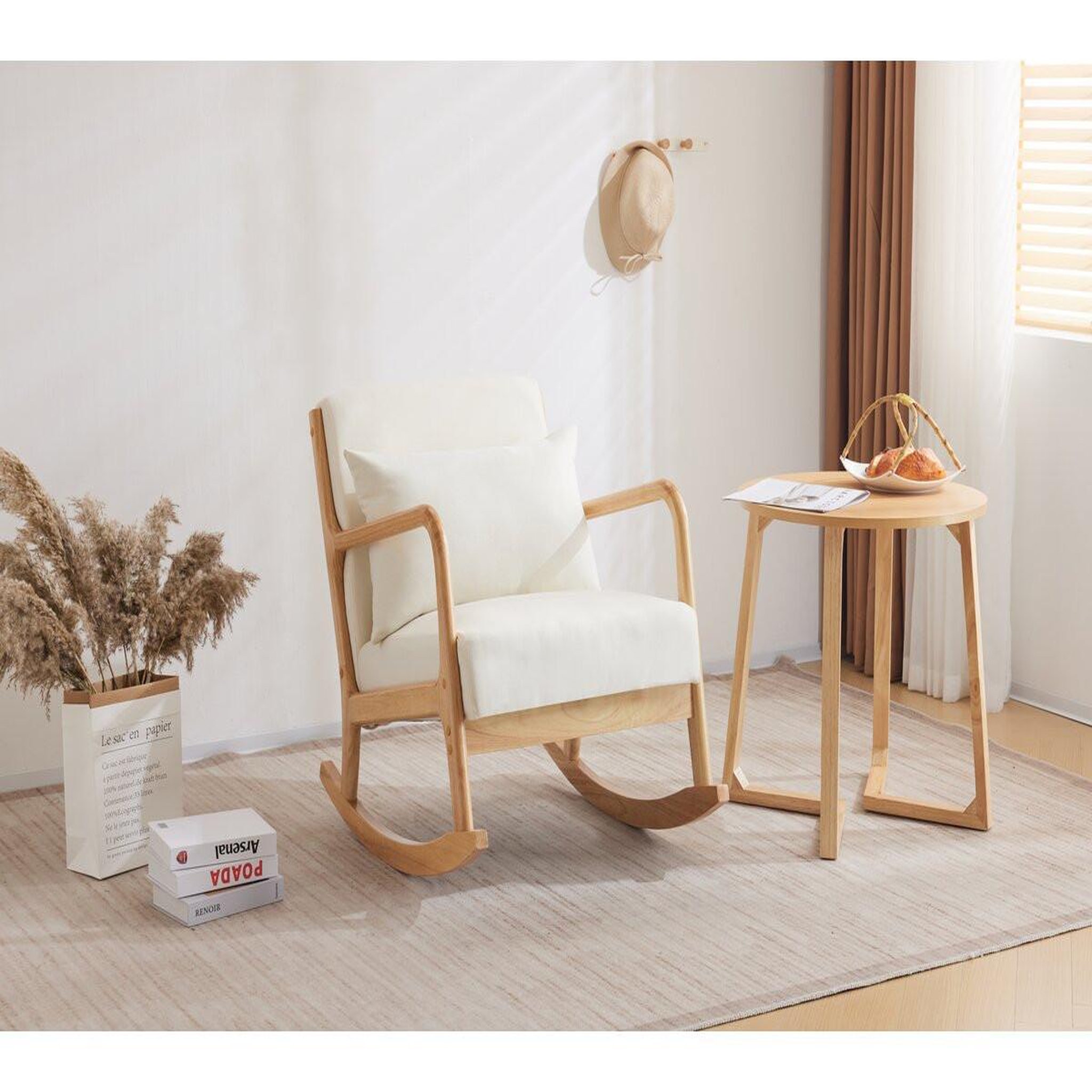 Voir la diapositive 2 : Habitat et Jardin Fauteuil à bascule style scandinave bouclette et bois   Clinton   - Beige