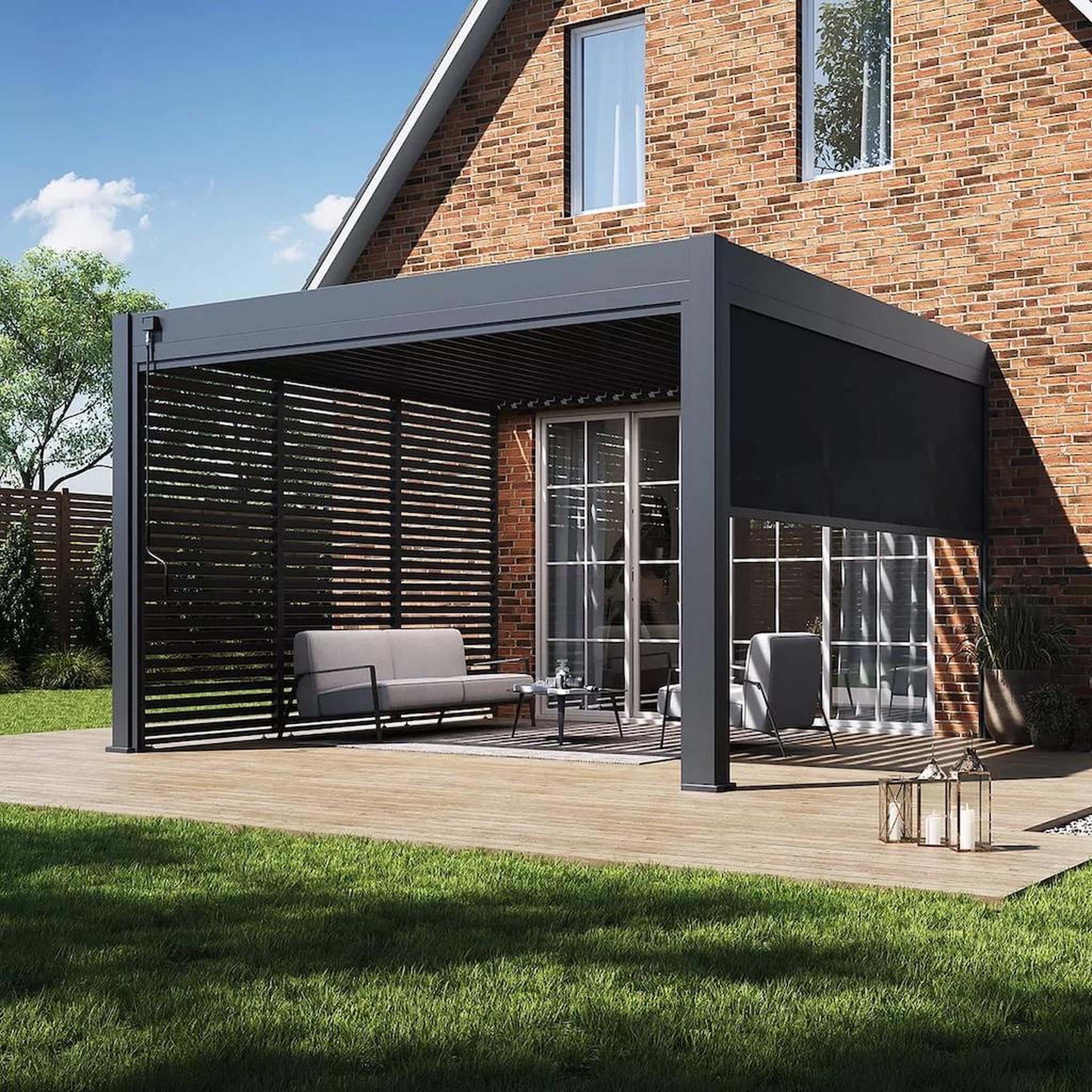 Chalet & jardin Pergola bioclimatique - Ombréa - adossée - 4x4M - Anthracite - Version 2 - 400x400x258 cm