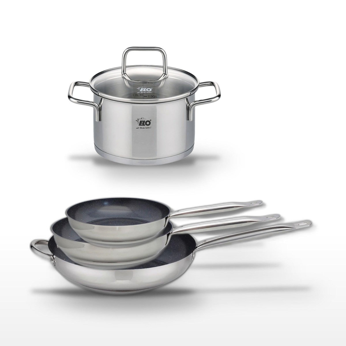 ELO Lot de 3 Poêles céramique sans PFAS Elo Profi Therm Platinum 24/28/32 cm et Faitout 16 cm