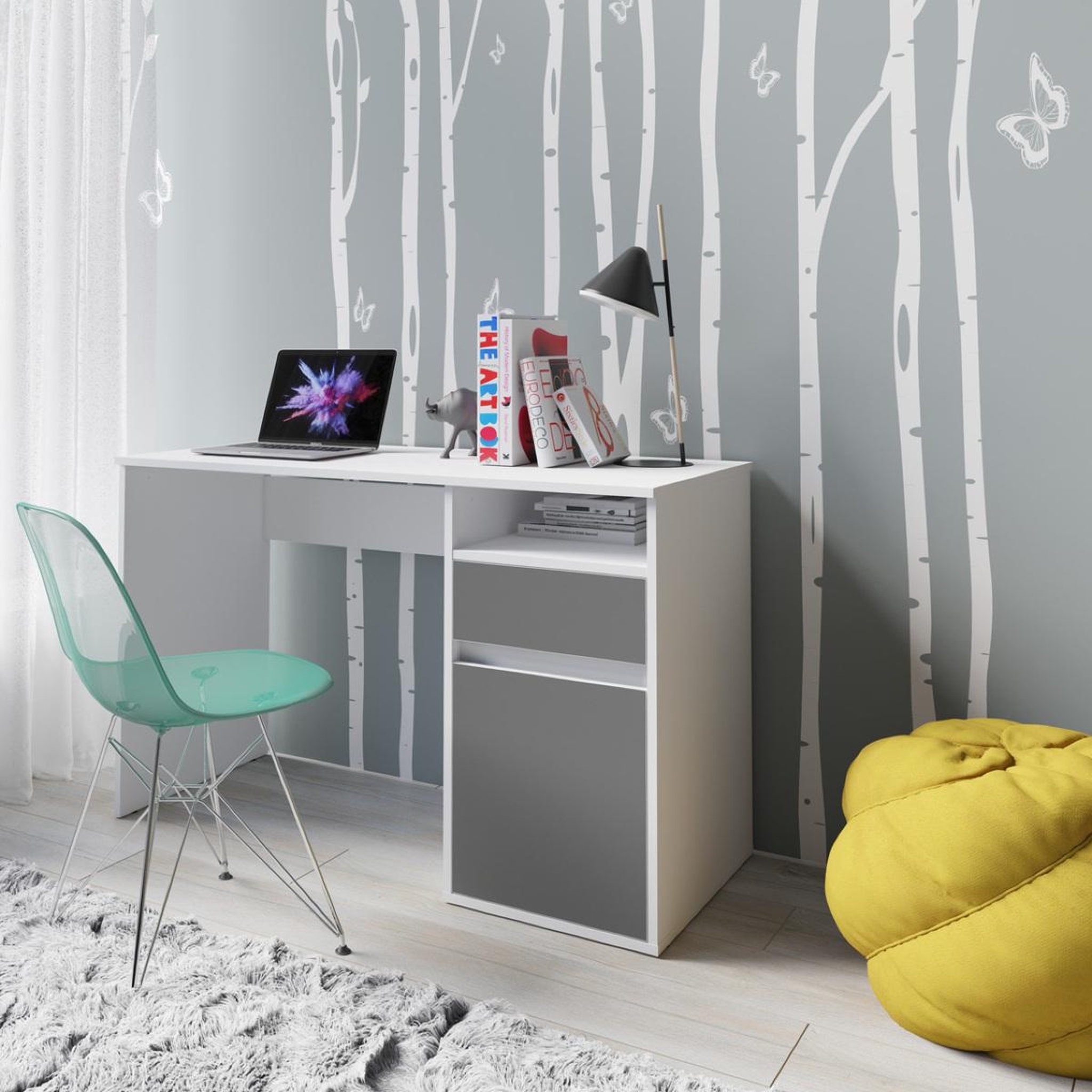 Voir la diapositive 2 : JLC KREATION Bureau moderne blanc et gris 120cm avec rangement ALBI