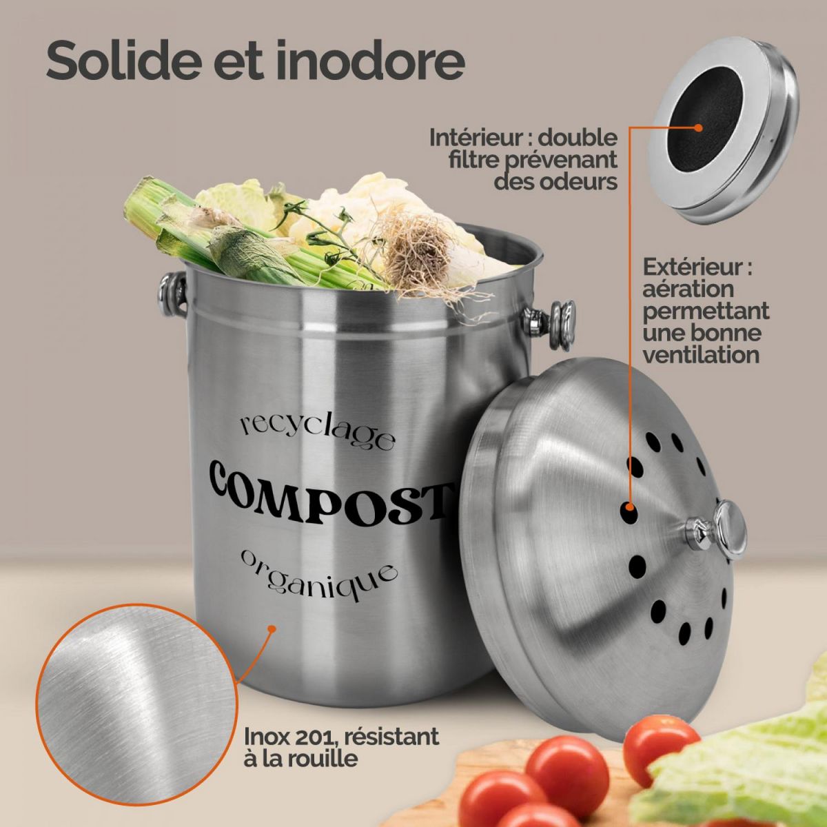LINXOR Composteur, bac, poubelle à compost de cuisine 5L rond en Inox - Gris