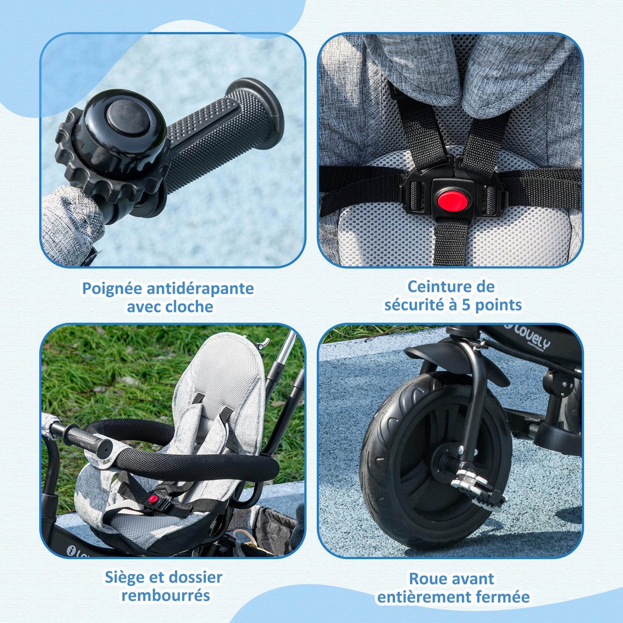 Voir la diapositive 3 : HOMCOM Tricycle enfant évolutif pare-soleil pliable canne télescopique amovible acier gris