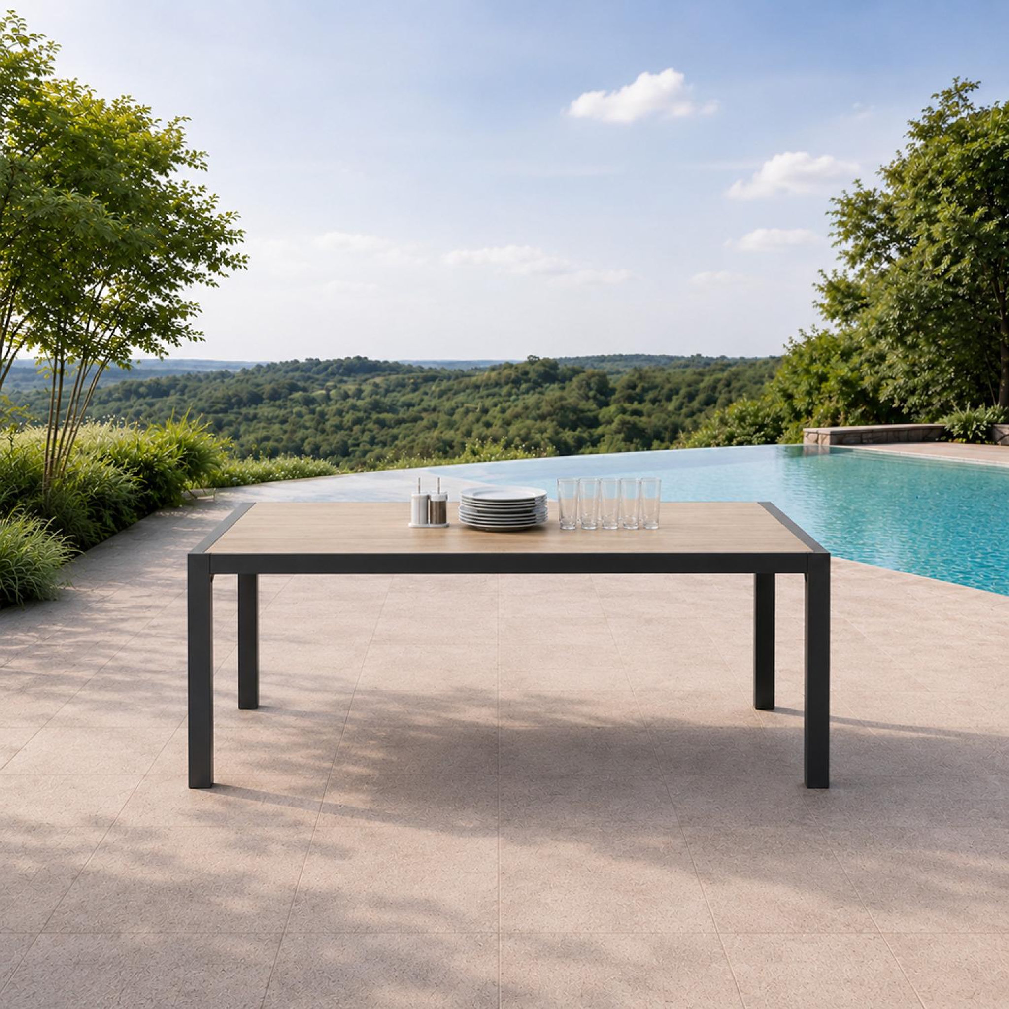 Voir la diapositive 5 : CONCEPT USINE Table de jardin 200cm en aluminium et avec plateau en verre trempé effet bois LAGOS