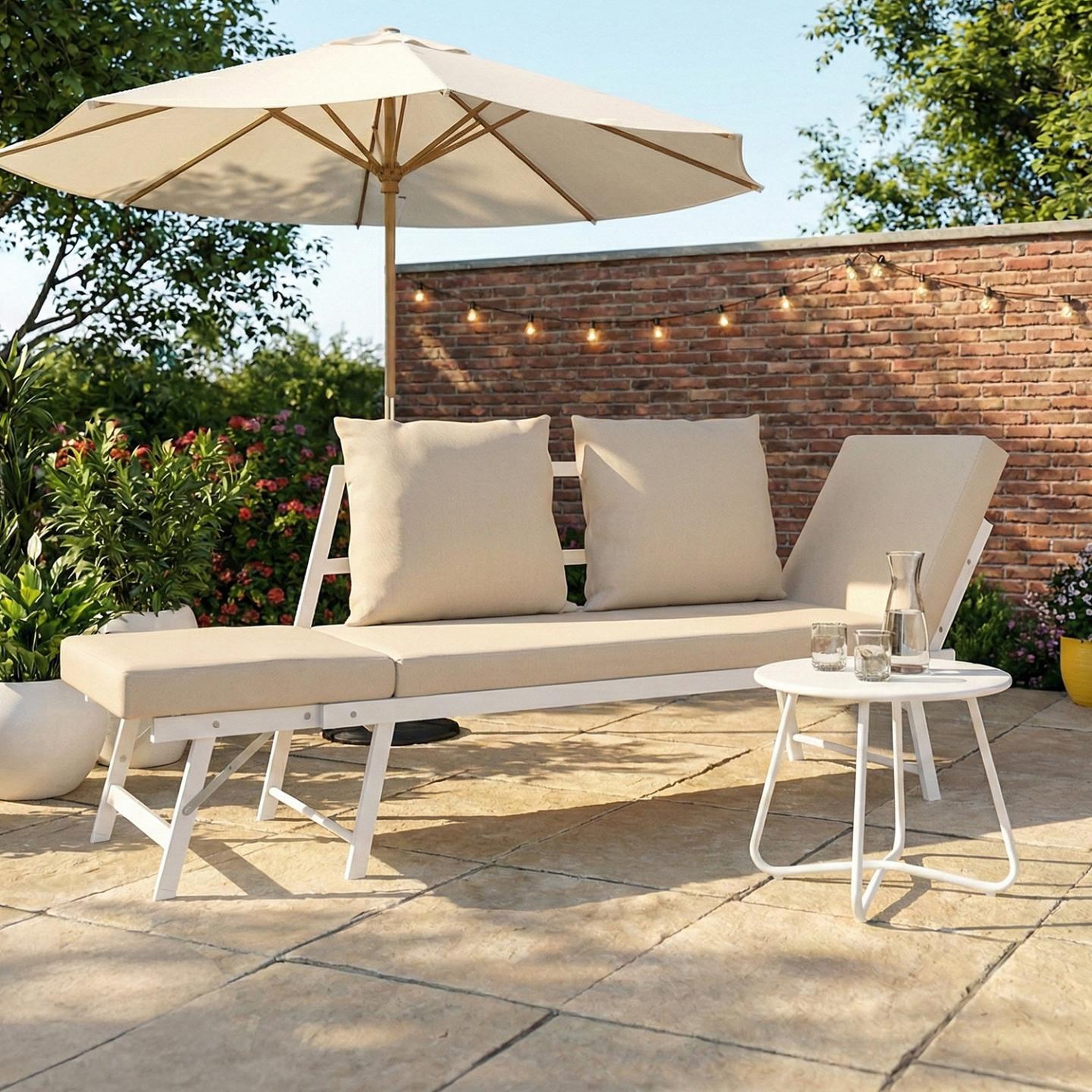 Voir la diapositive 3 : ID MARKET Canapé de jardin, banquette convertible nola 2/3 places avec accoudoirs inclinables métal blanc et coussins beige