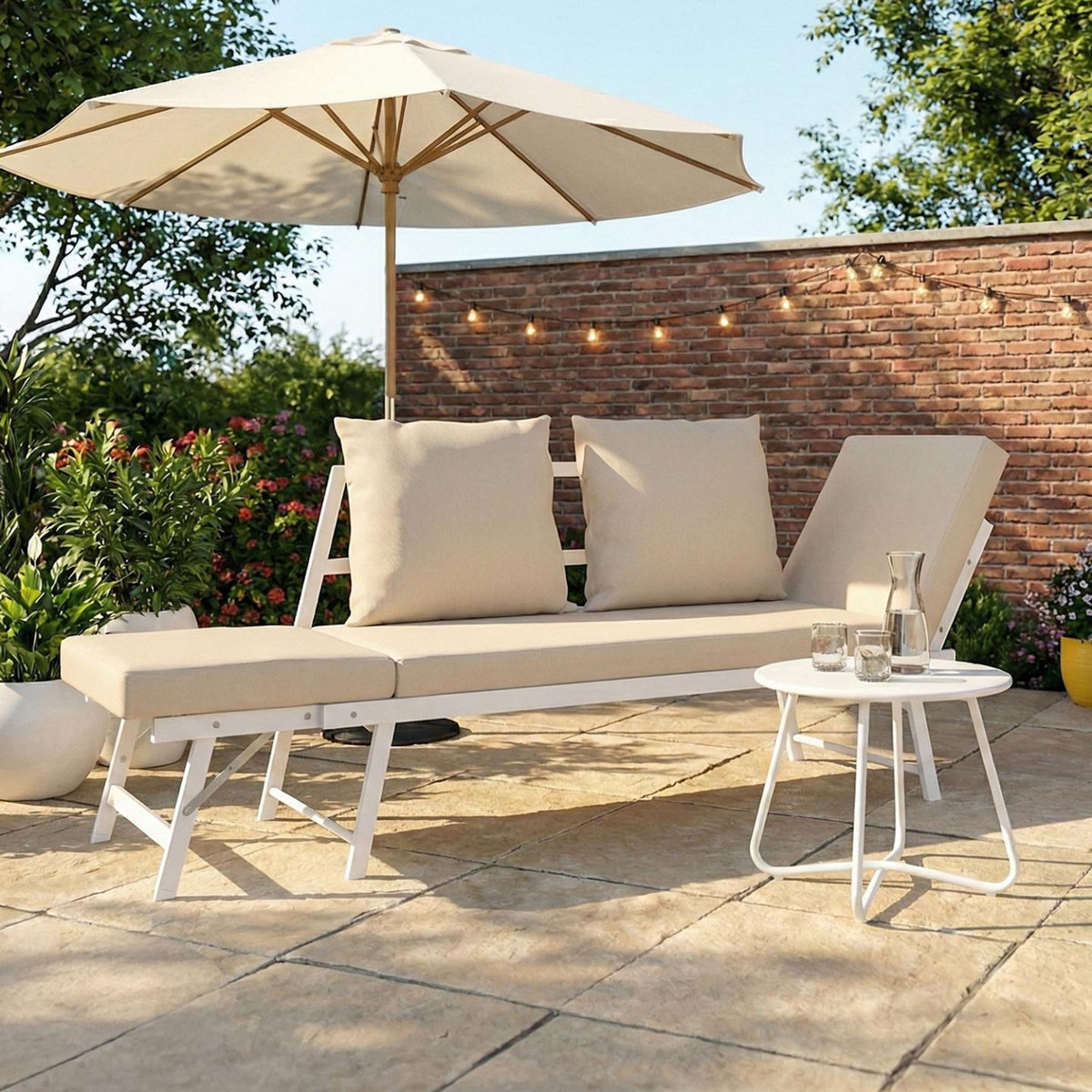 ID MARKET Canapé de jardin, banquette convertible NOLA 2/3 places avec accoudoirs inclinables métal blanc et coussins beige