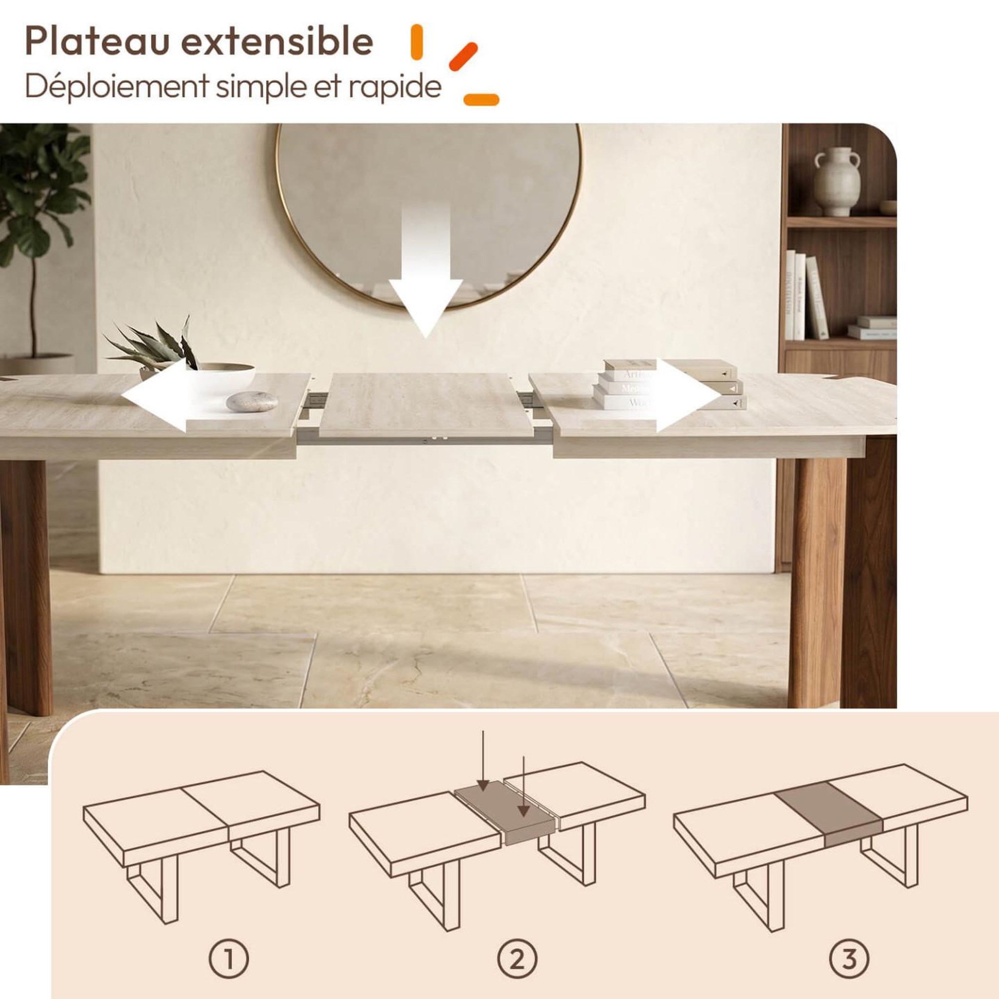 Voir la diapositive 3 : ID MARKET Table à manger extensible rectangulaire arrondie tess 6-10 personnes 4 pieds arrondis noyer plateau travertin 160-200 cm