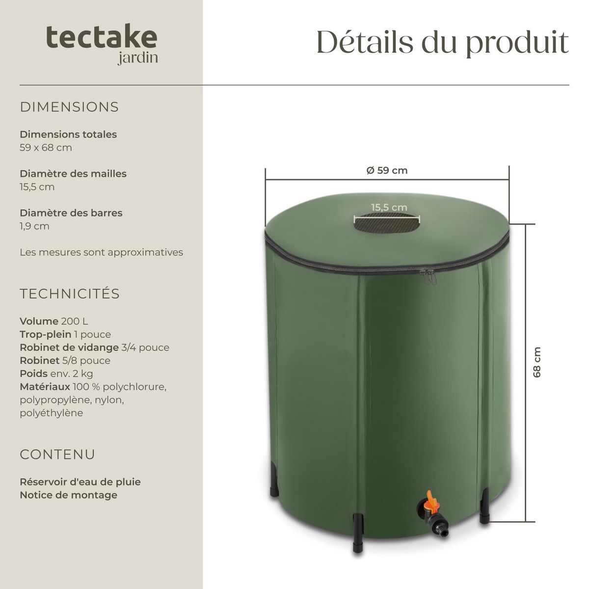 tectake Tonneau récupérateur d'eau de pluie avec robinet et protection anti-débordement vert 200 L