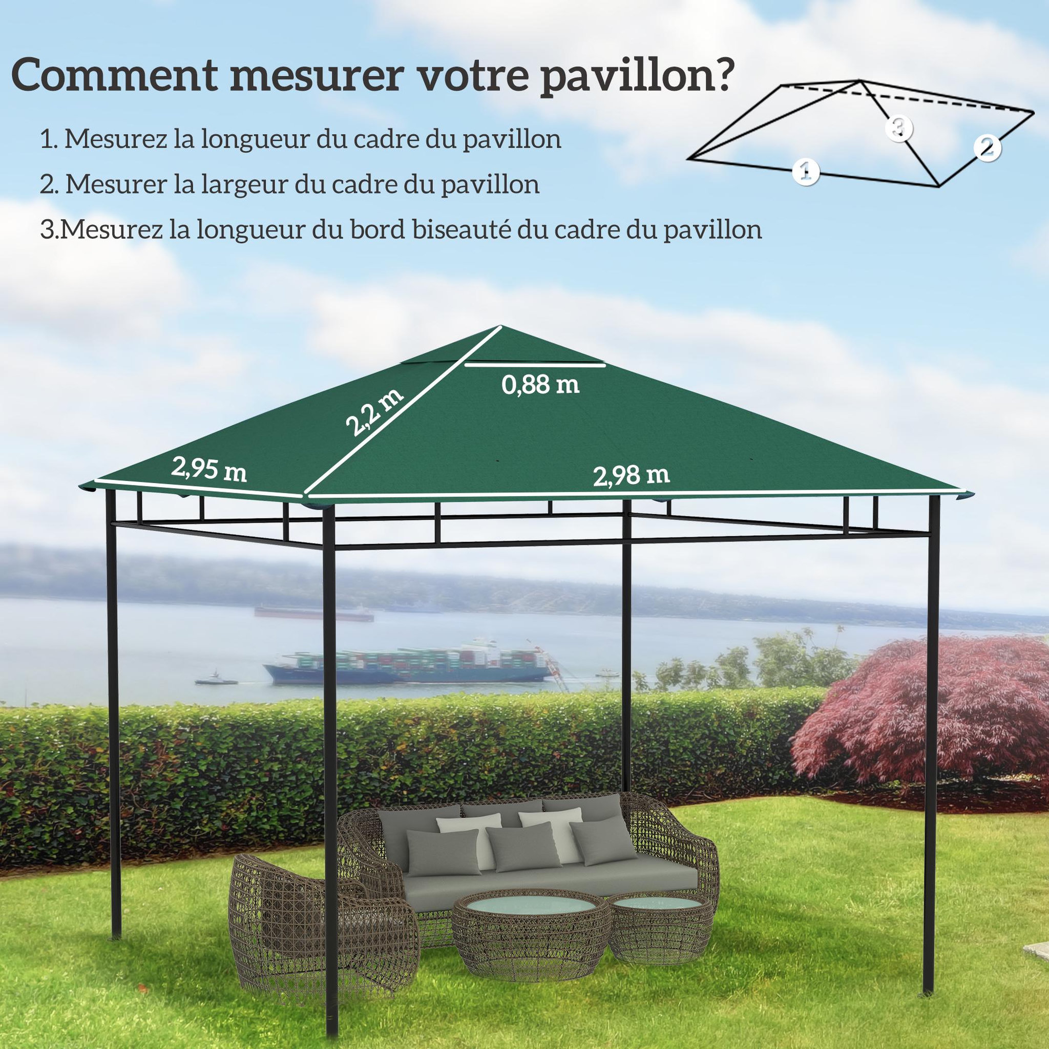 Voir la diapositive 3 : OUTSUNNY Toile de rechange pour pavillon tonnelle tente 3 x 3 m polyester haute densité 180 g/m² revêtement PA anti-UV vert