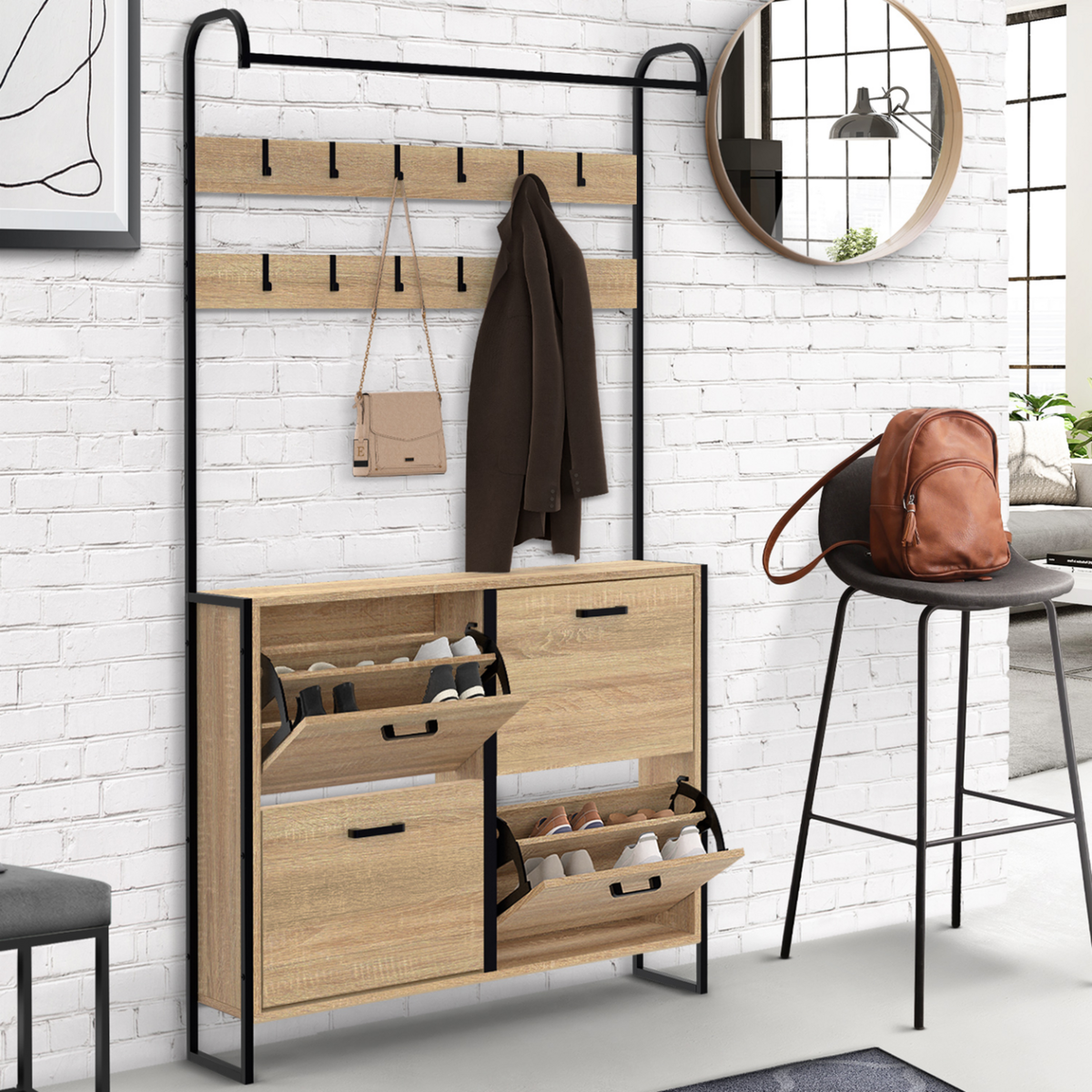 ID MARKET Vestiaire d'entrée LUIS meuble chaussures 4 portes design industriel