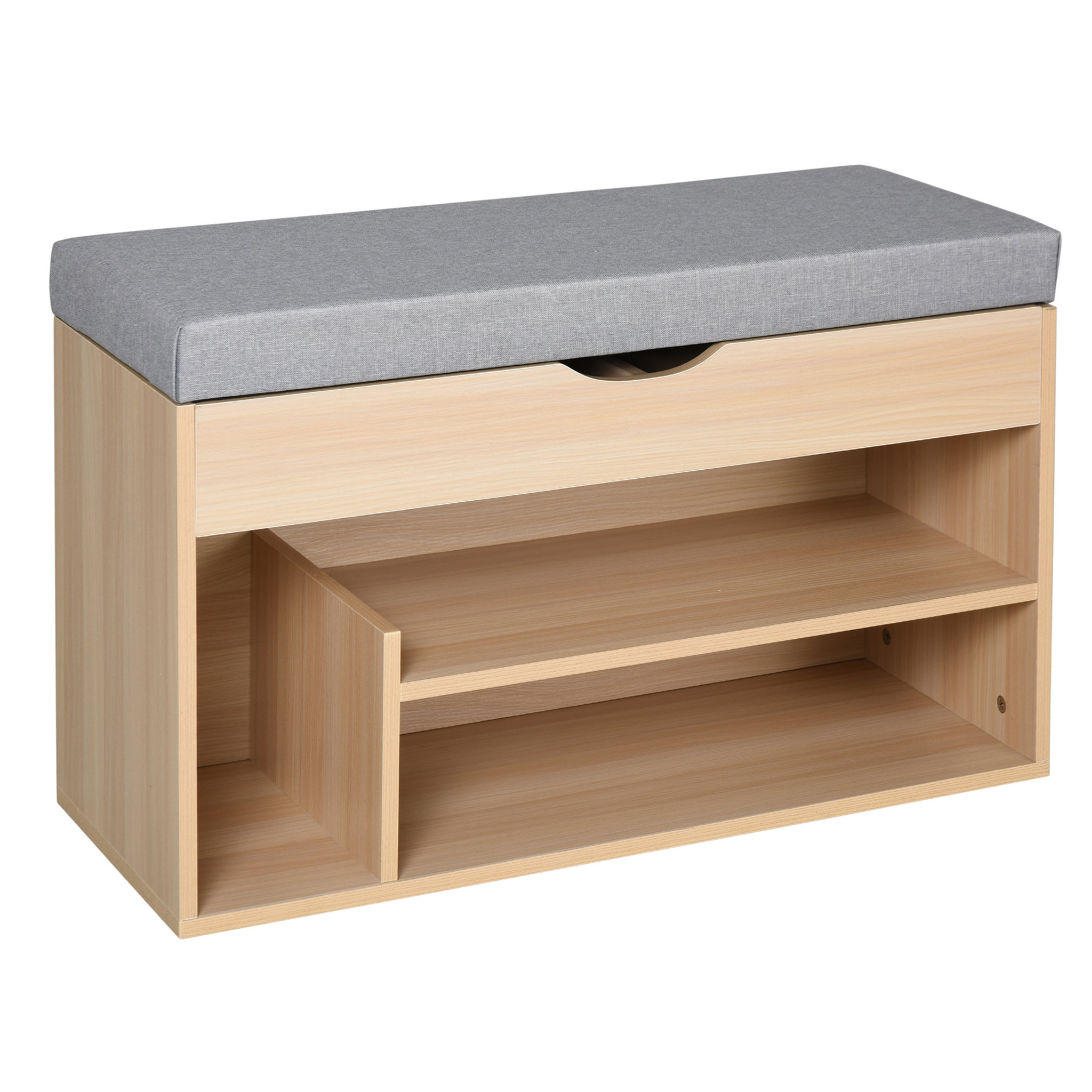 Voir la diapositive 1 : HOMCOM Meuble chaussures banc à chaussures 2 niveaux rangement, niche + coffre intégré avec coussin beige gris