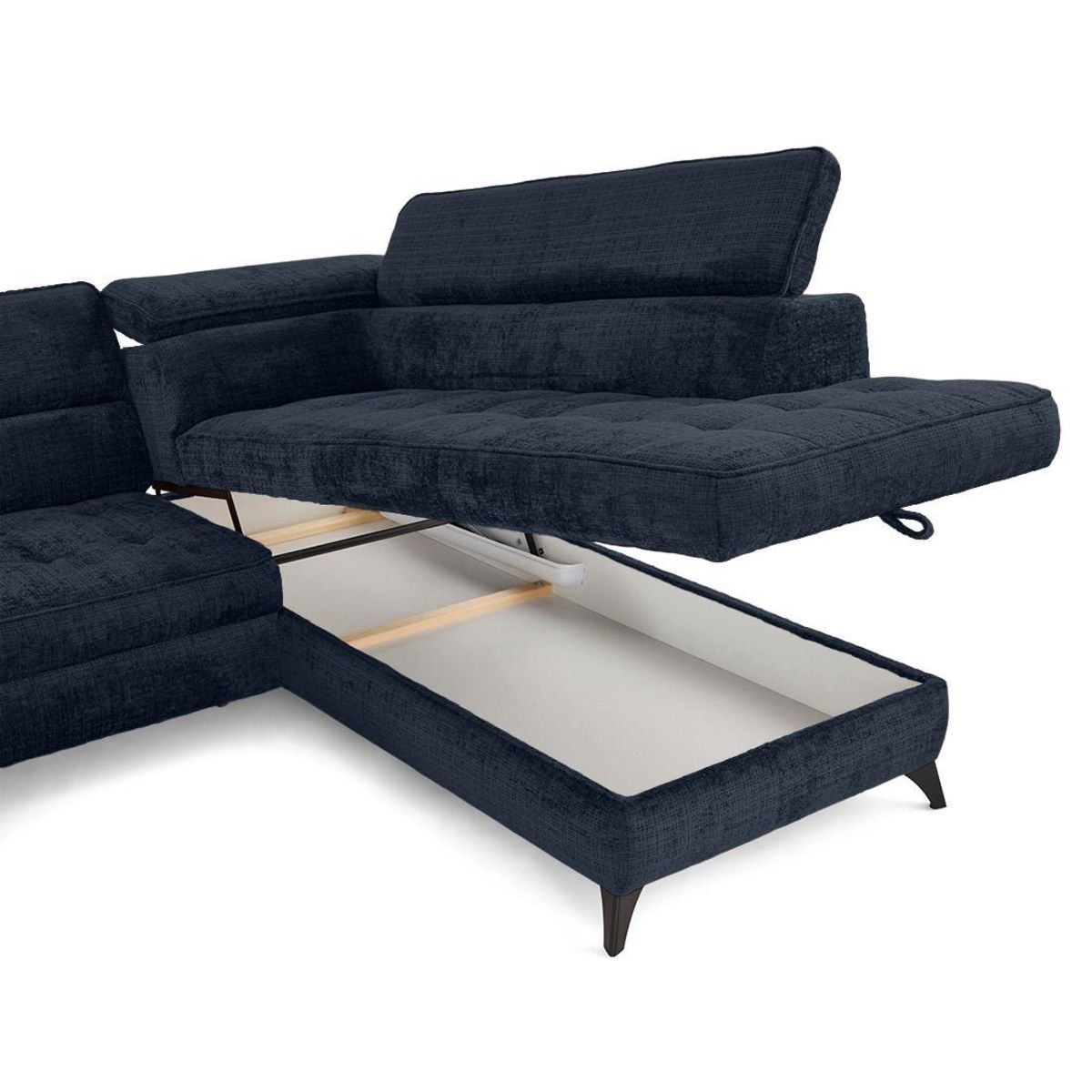 LISA DESIGN Marlo - canapé d'angle droit 5 places convertible avec coffre et têtières en velours texturé